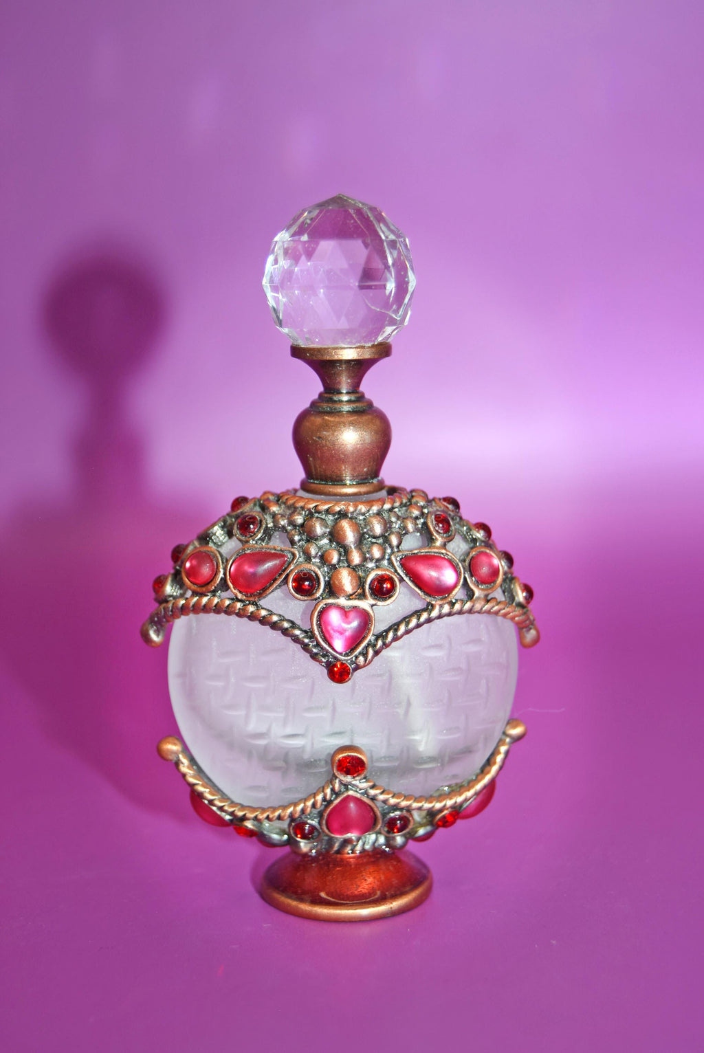 Vintage Perfume Bottle: 1940s Rhinestone Bronze Basket, Crystal Finial