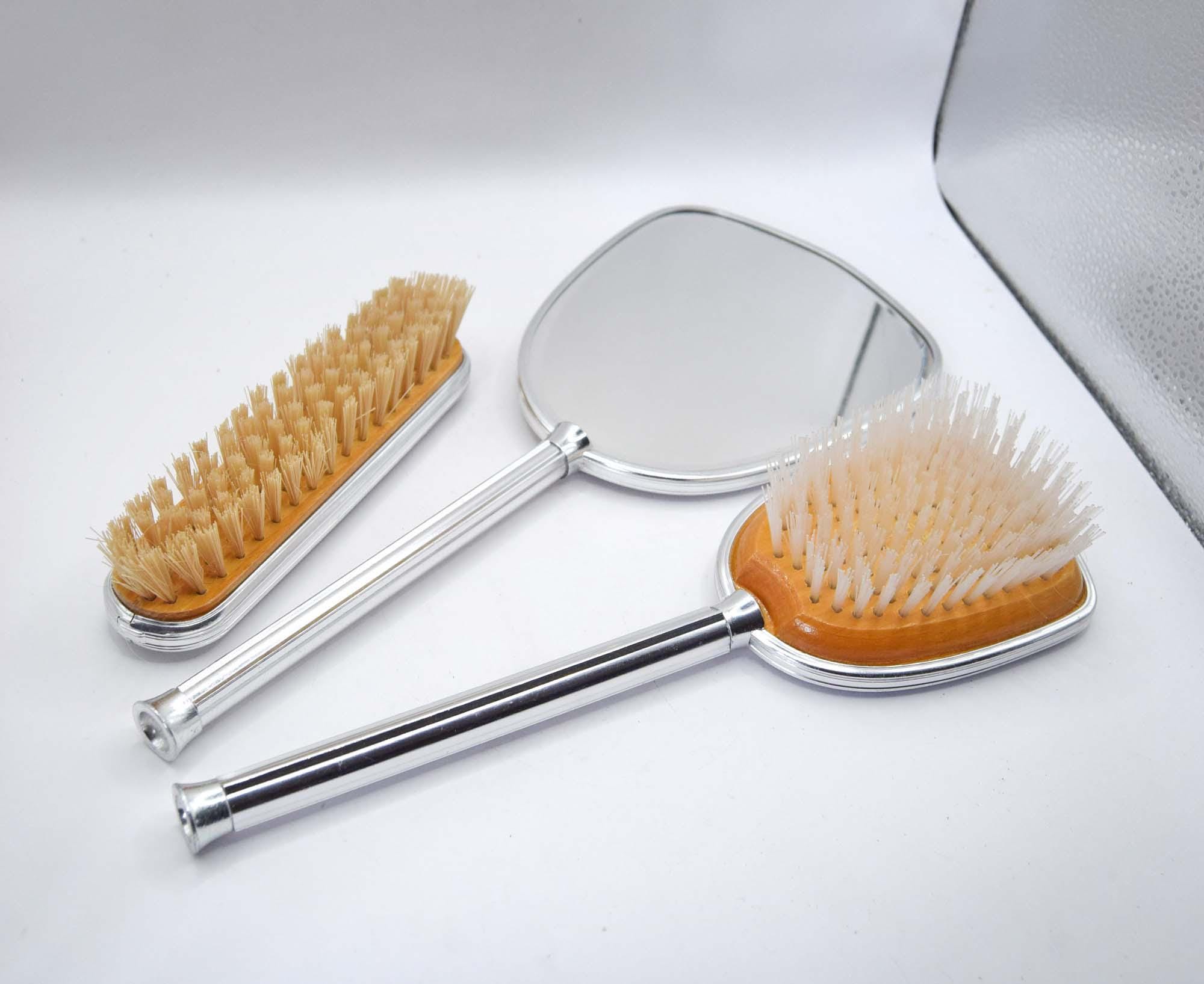 Vintage Silver Vanity Set Turquoise Beaded Mirror & Brushes