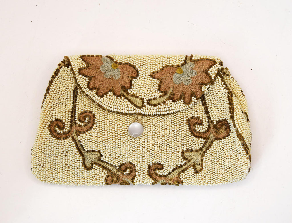 Antique Victorian Hand Made Ivory Beaded and Embroidered Clutch Evening Bag
