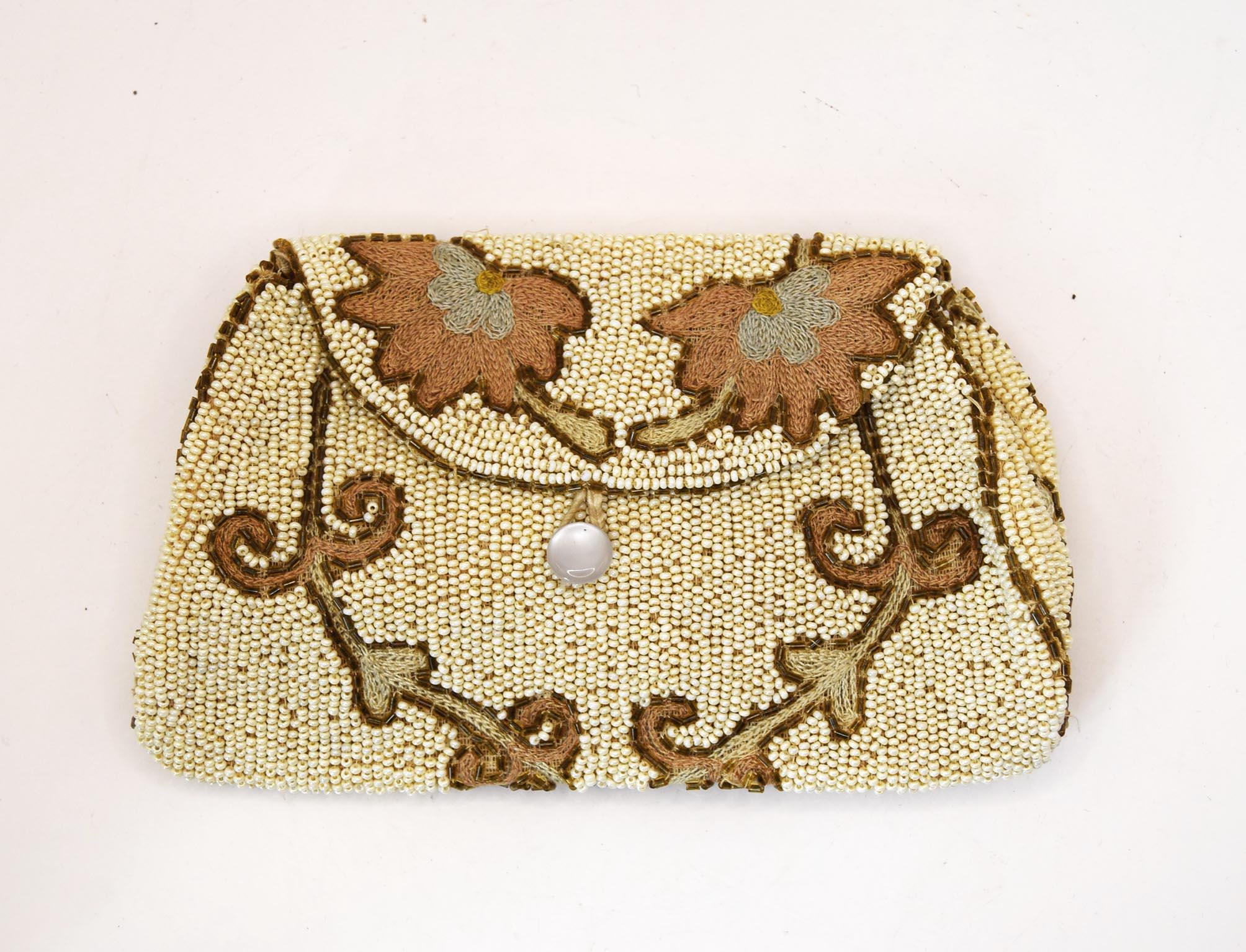 Antique Victorian Hand Made Ivory Beaded and Embroidered Clutch Evening Bag