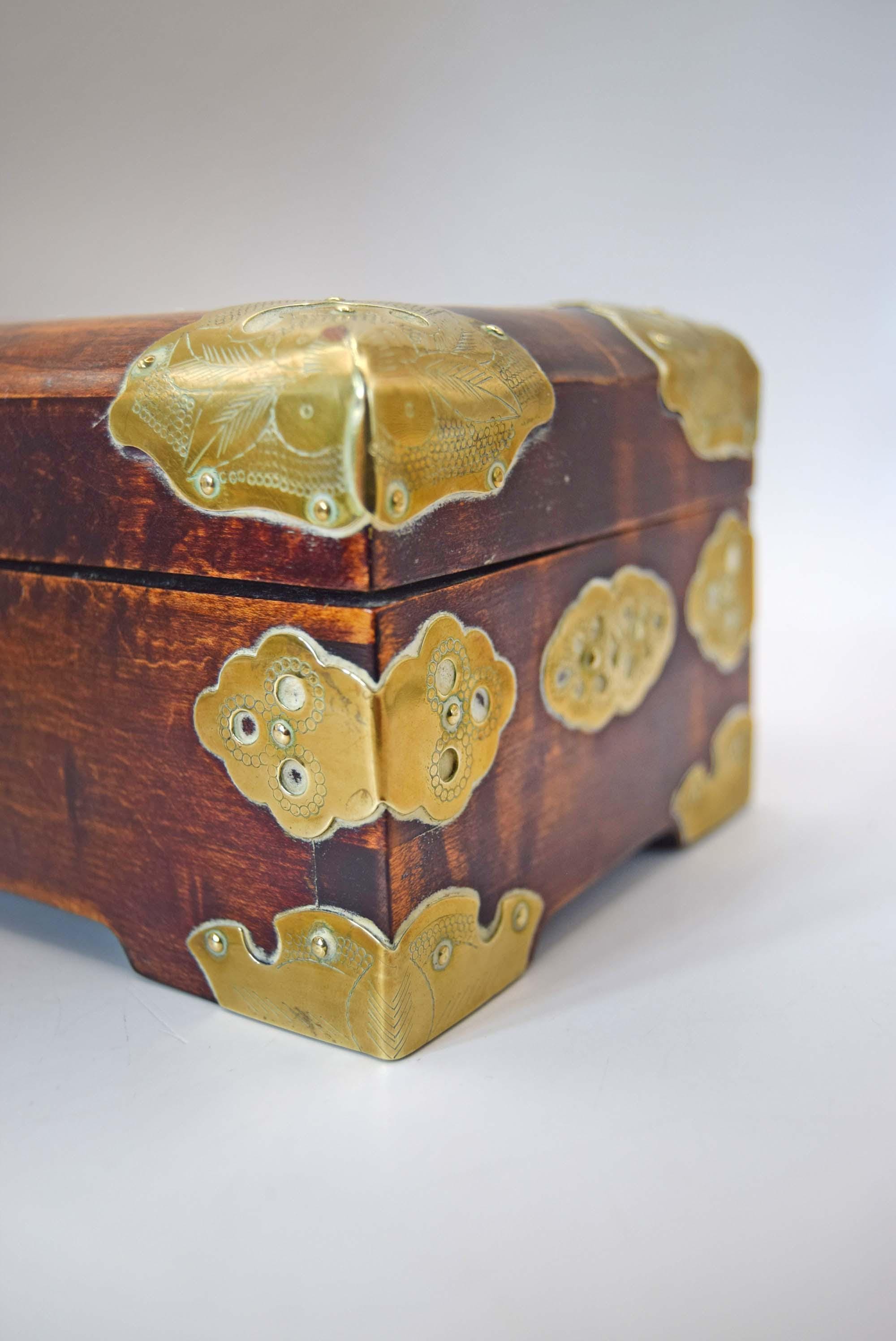 Oriental Rosewood Jewelry Box | Brass & Enamel | Silk Lined | Mid Century c1950s