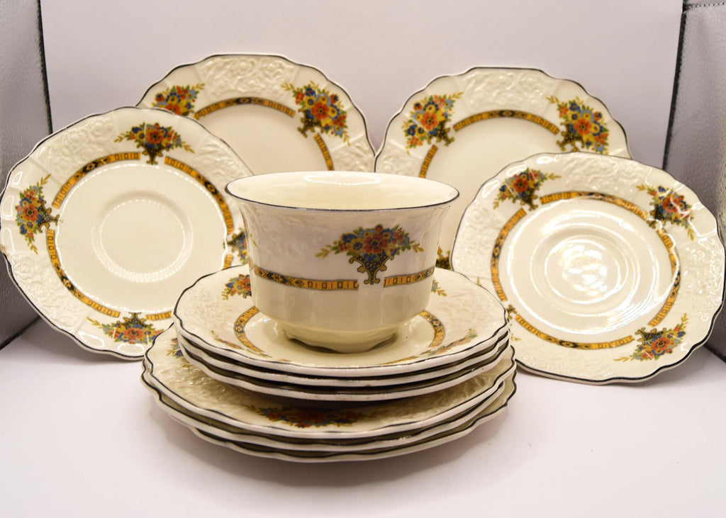 Rare MYOTT, SON & Co Art Nouveau Floral Bouquet Plates, Saucers and Bowl   F3024