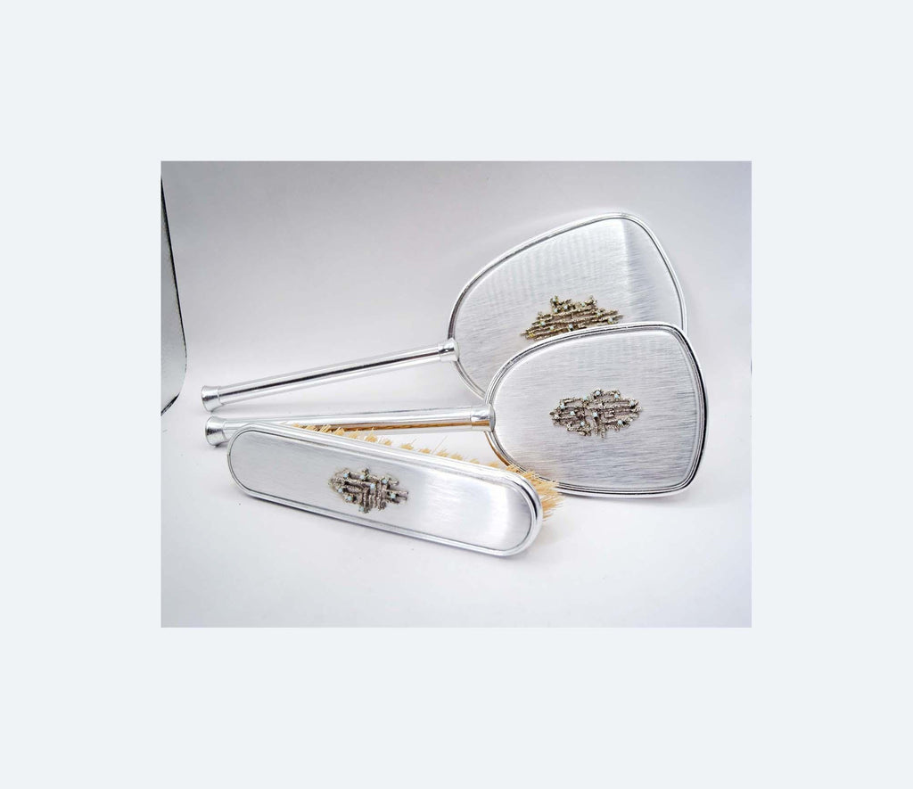 Vintage Silver Vanity Set – Turquoise Beaded Mirror & Brushes