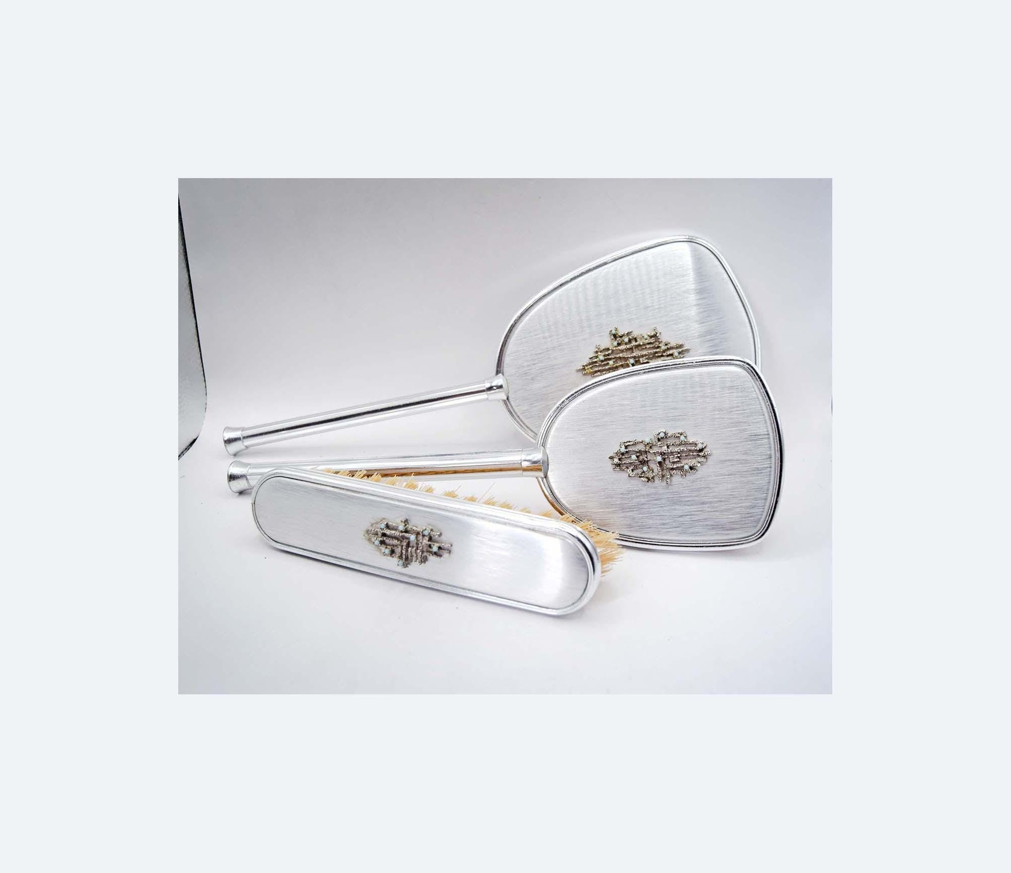 Vintage Silver Vanity Set – Turquoise Beaded Mirror & Brushes