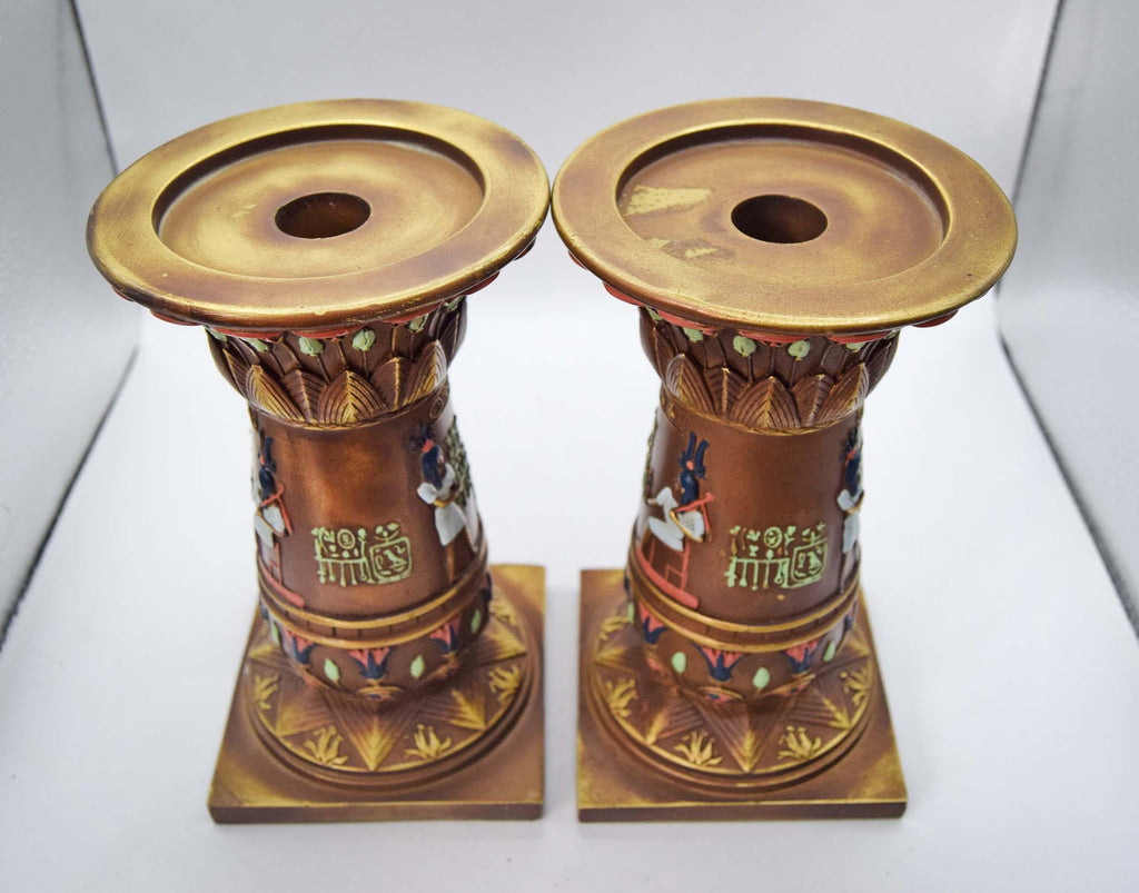 Pair of Veronese Pharoahese Cold Cast Resin Candleholders Pedestals Plantholders