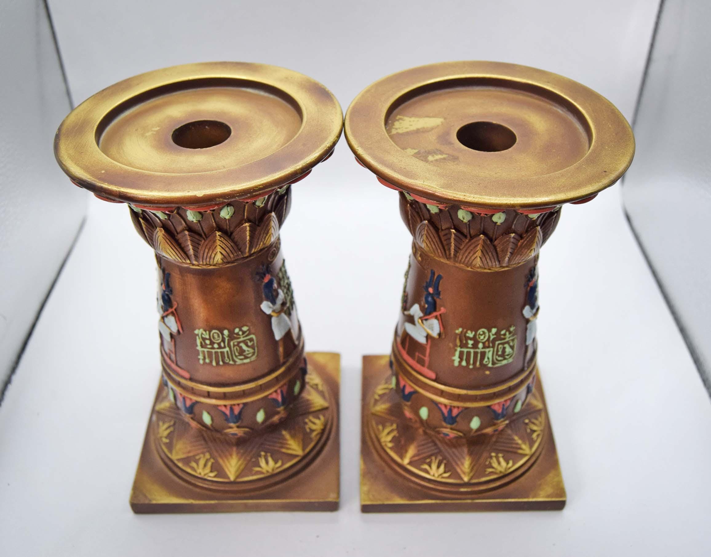 Pair of Veronese Pharoahese Cold Cast Resin Candleholders Pedestals Plantholders