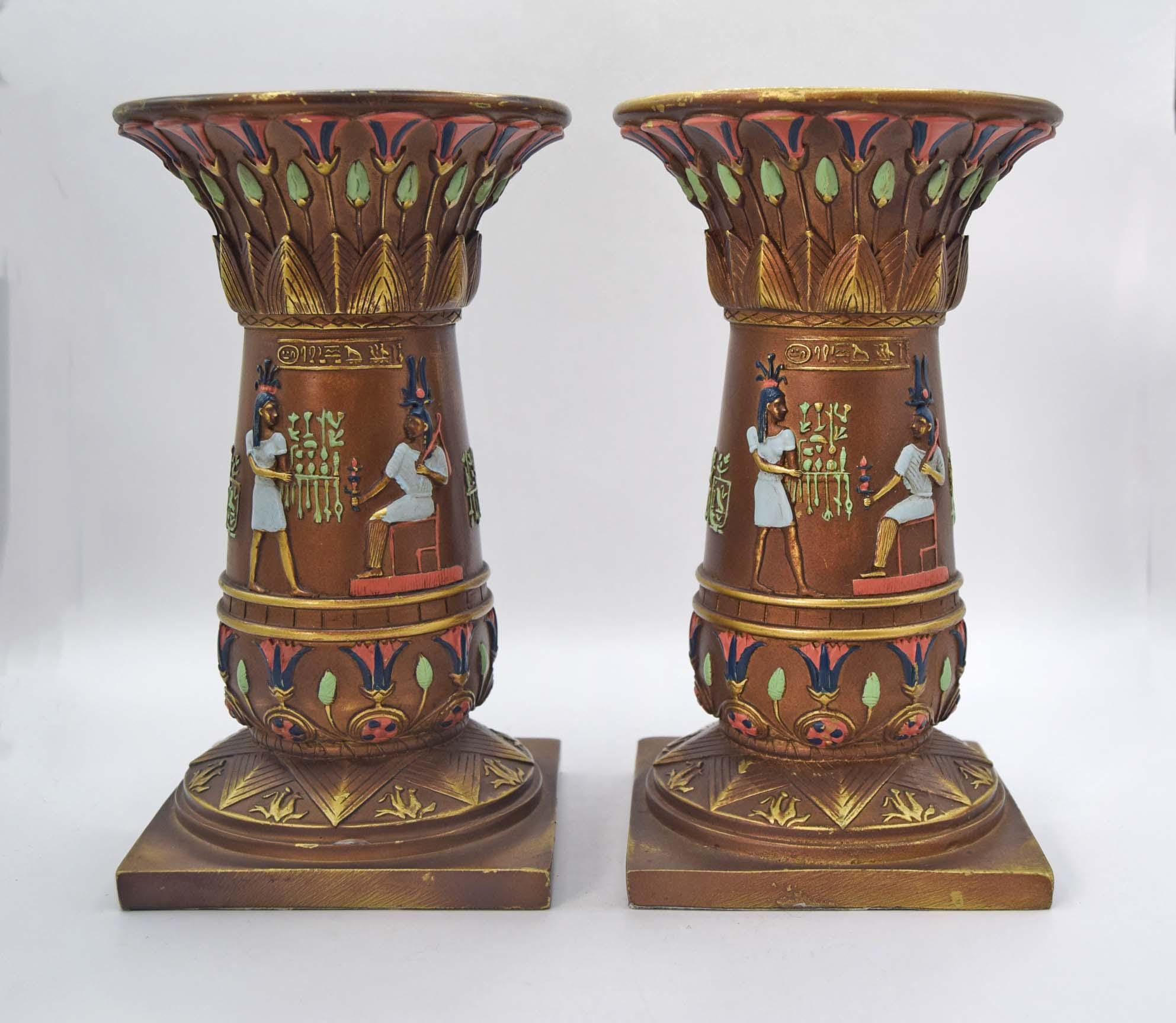 Pair of Veronese Pharoahese Cold Cast Resin Candleholders Pedestals Plantholders