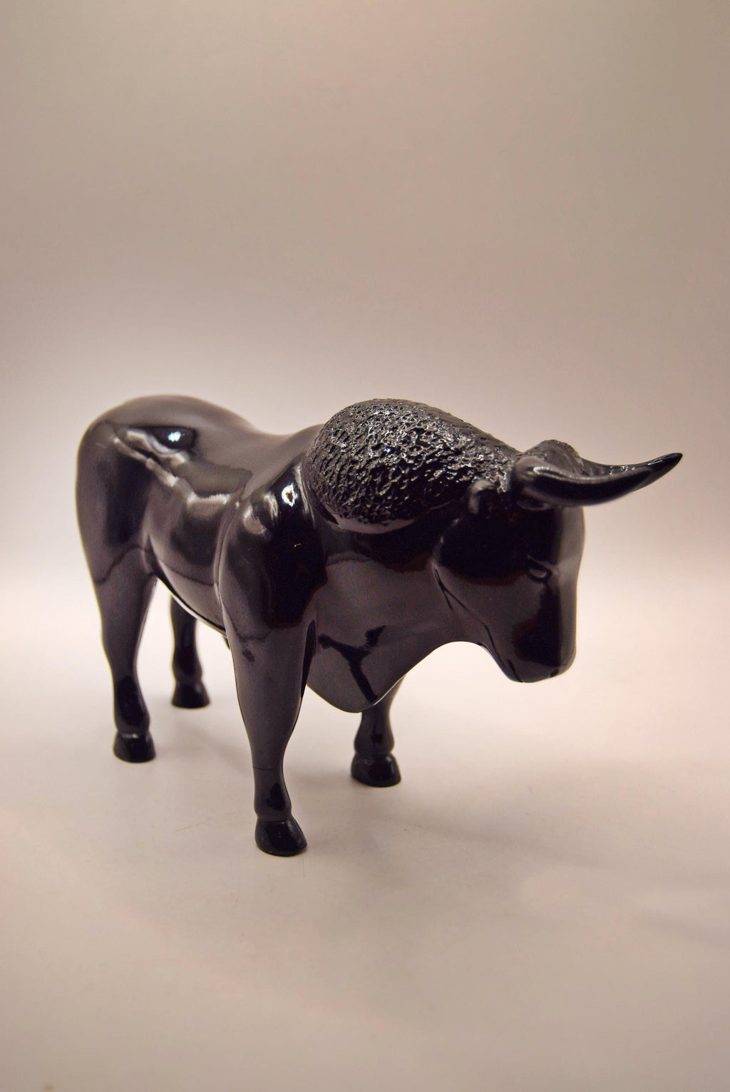 Rare Large Vintage Black Bull Sculpture Figurine | Black gloss finish c1970s Displayed under glass.
