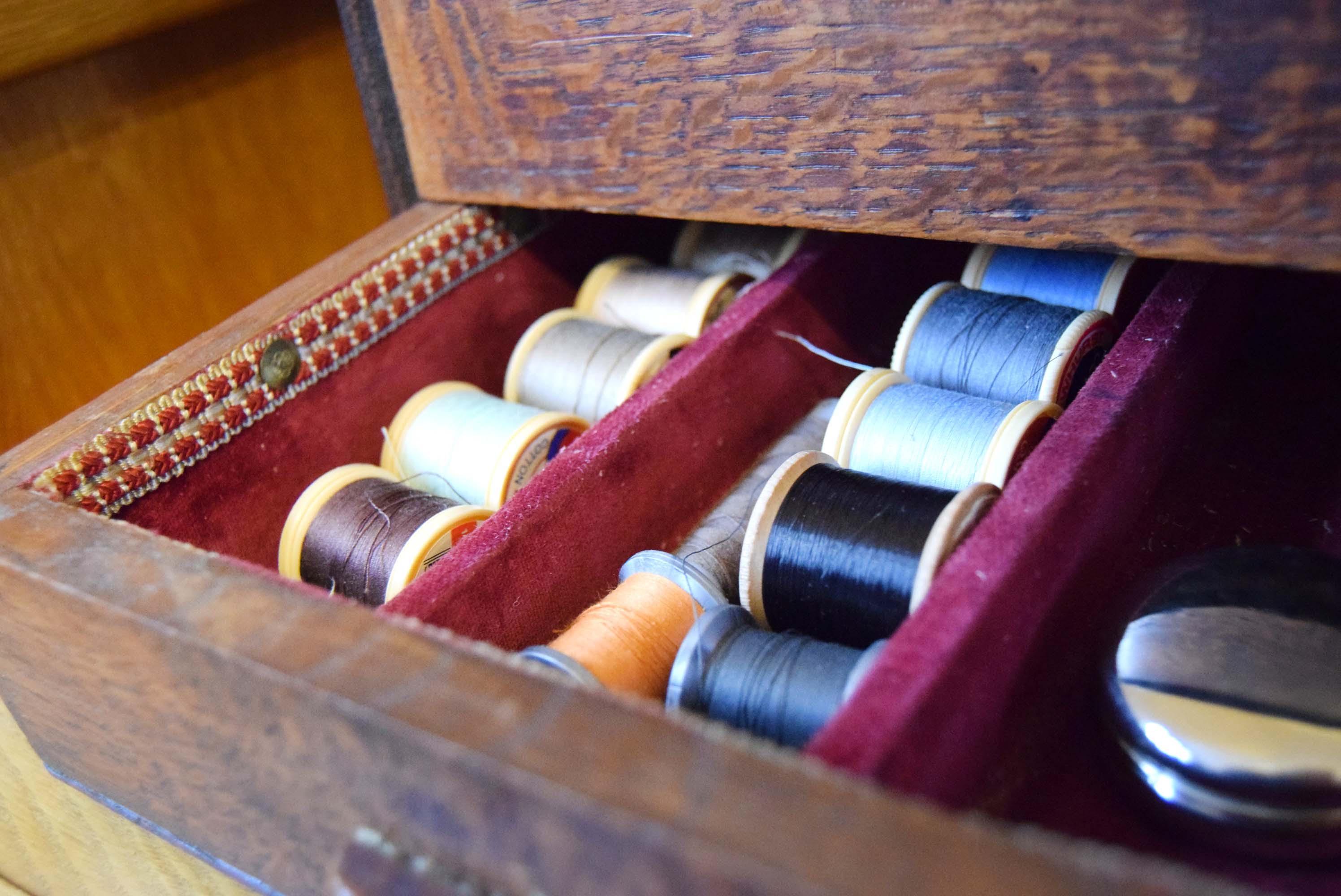Antique Victorian Oak Work Box Sewing Box with Drawer