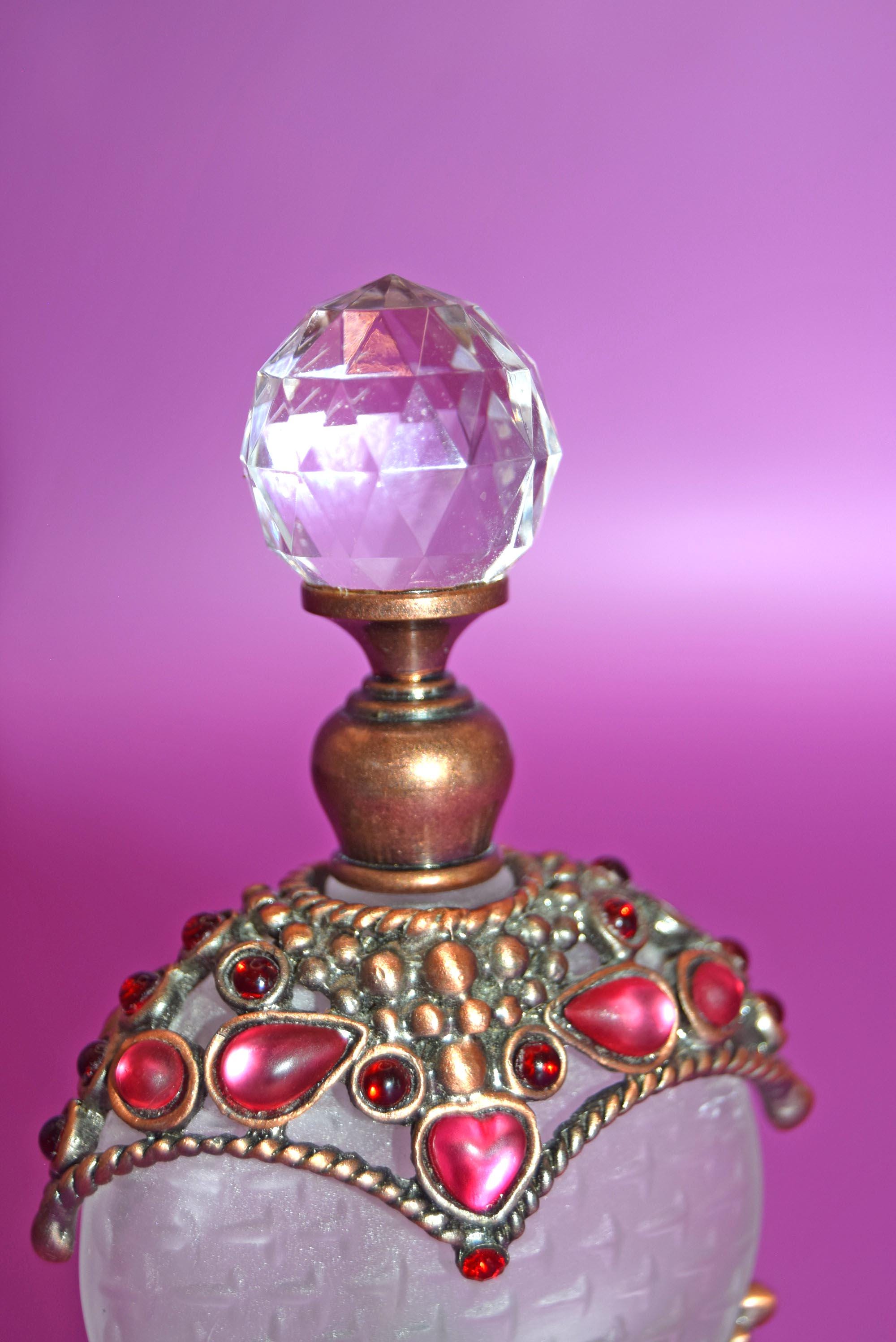 Vintage Perfume Bottle: 1940s Rhinestone Bronze Basket, Crystal Finial