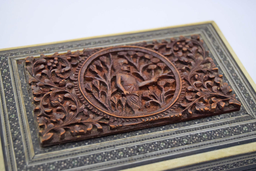 RARE FIND Victorian Anglo-Indian Vizagapatam Carved Sandalwood and Sadeli Mosaic Box c1850