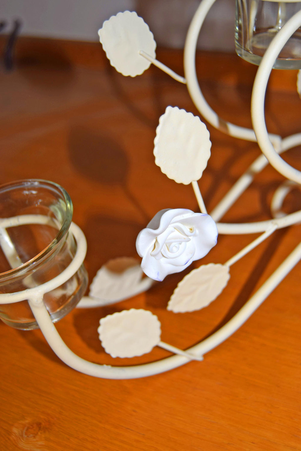 Ivory & White Vintage French Country Rustic Metal Candelabra | Leaves and Flowers