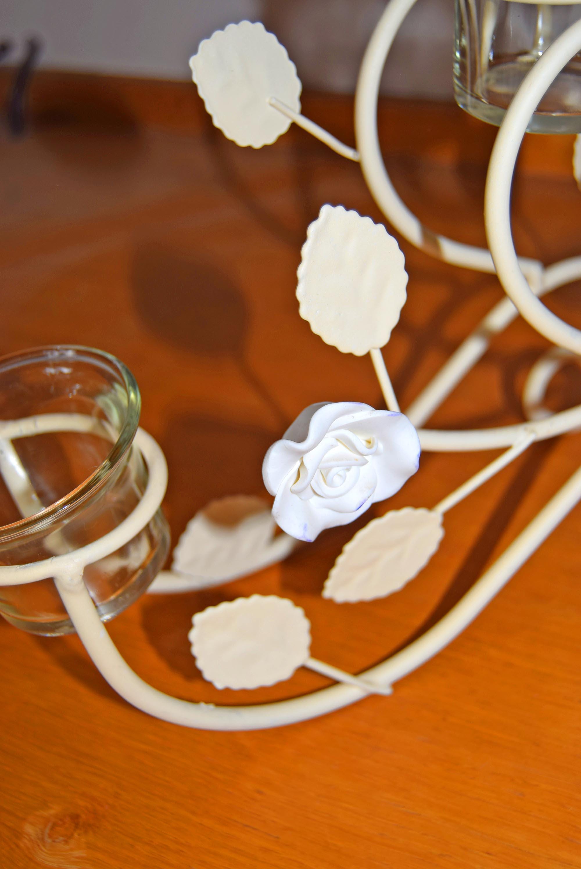 Ivory & White Vintage French Country Rustic Metal Candelabra | Leaves and Flowers