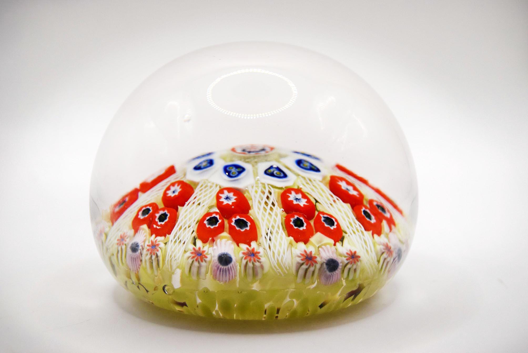 Scottish Strathearn Millefiori 8 Spoke Cartwheel Latticino Glass Paperweight c1970s