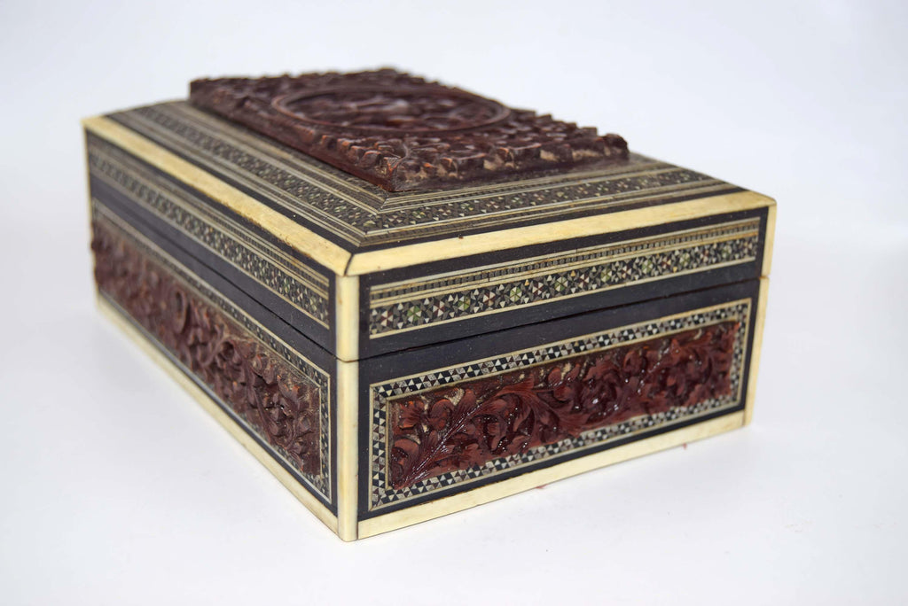 RARE FIND Victorian Anglo-Indian Vizagapatam Carved Sandalwood and Sadeli Mosaic Box c1850