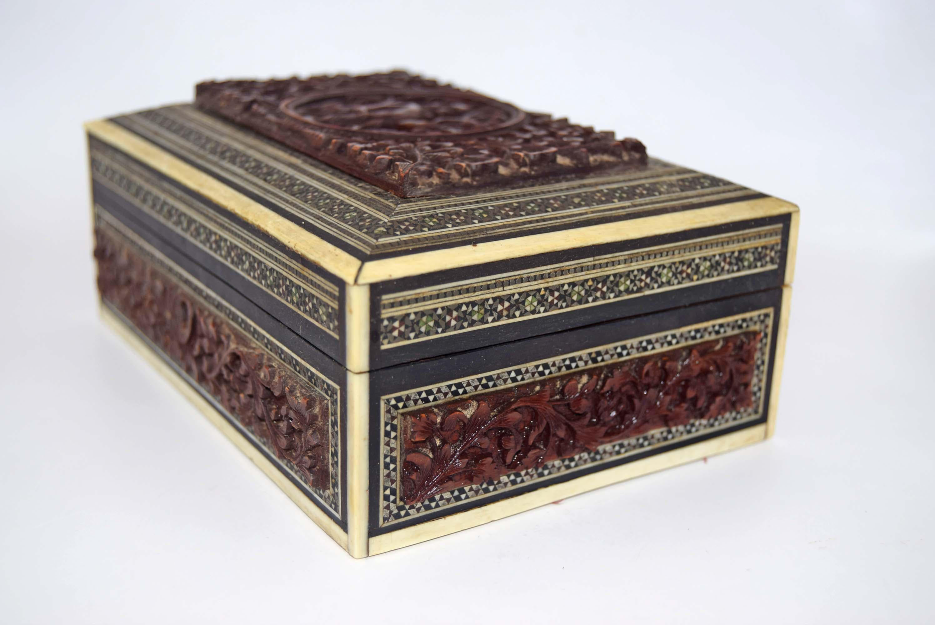 RARE FIND Victorian Anglo-Indian Vizagapatam Carved Sandalwood and Sadeli Mosaic Box c1850
