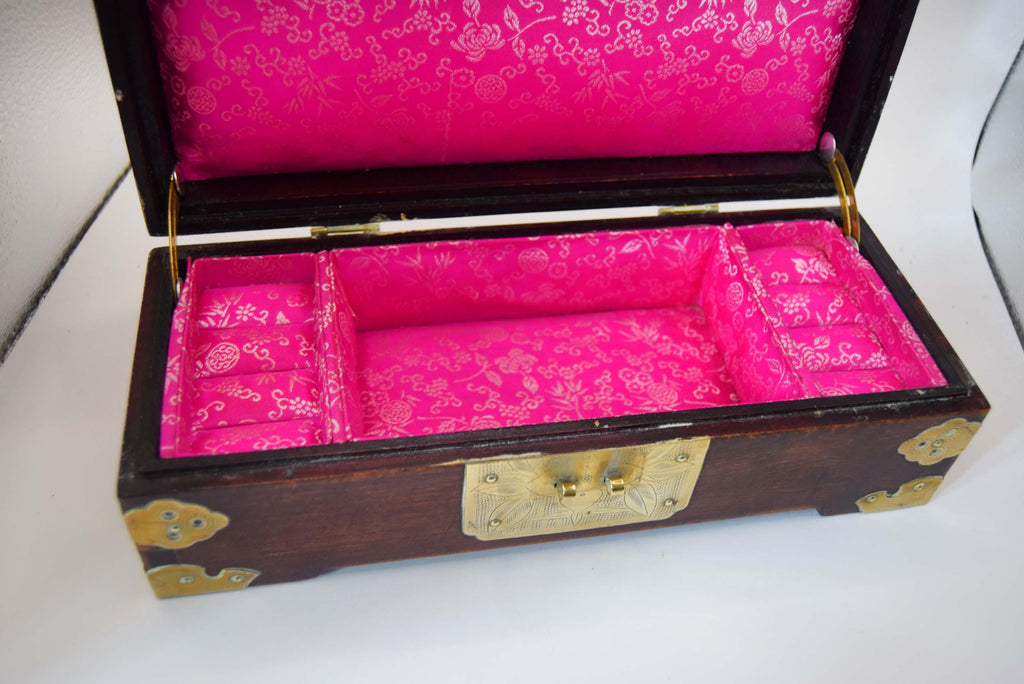 Oriental Rosewood Jewelry Box | Brass & Enamel | Silk Lined | Mid Century c1950s