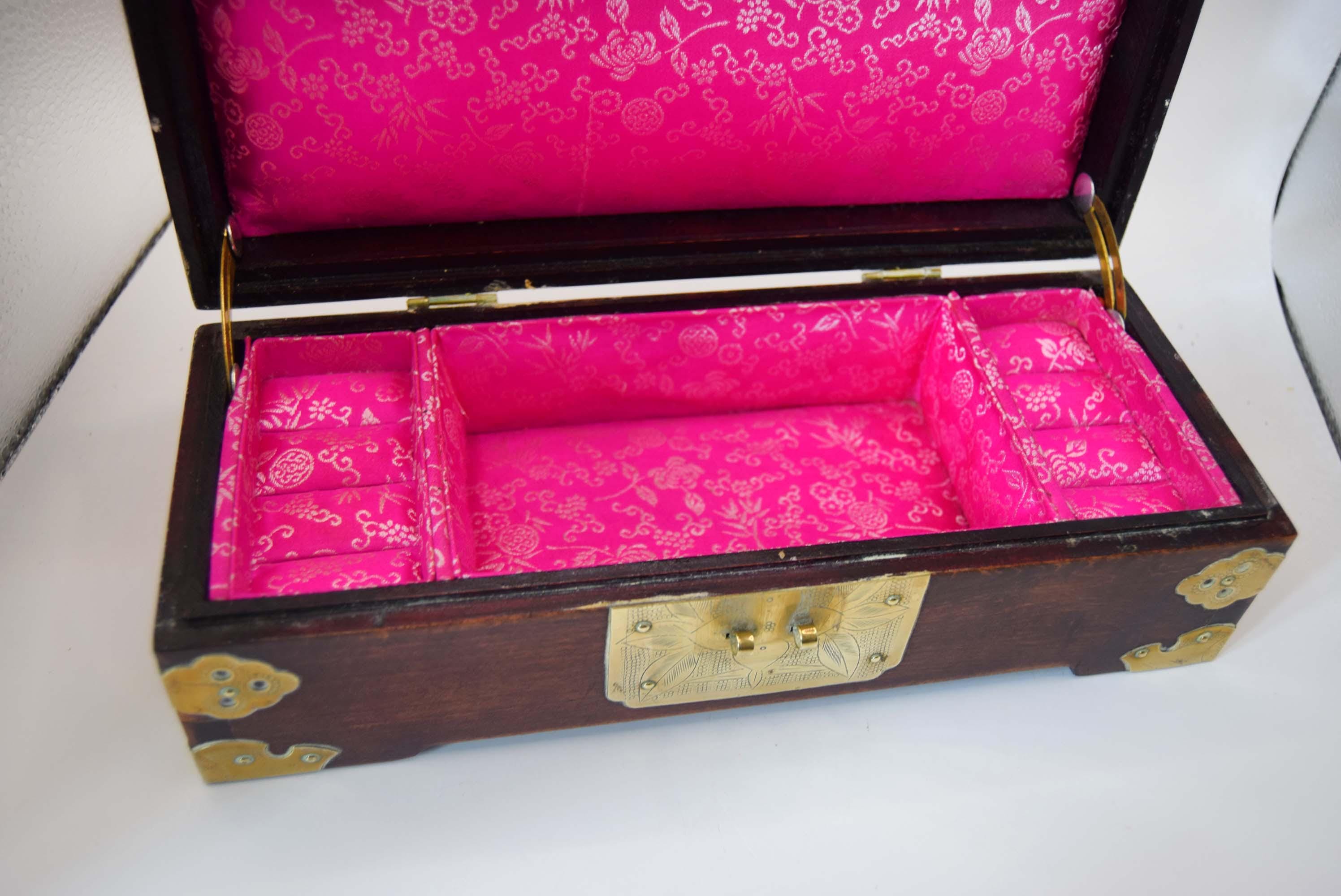Oriental Rosewood Jewelry Box | Brass & Enamel | Silk Lined | Mid Century c1950s