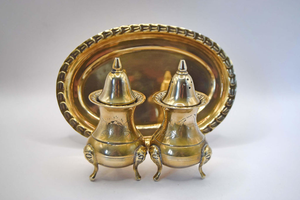 Vintage Brass Condiment Cruet Set with Tray in Original Presentation Box c1950s