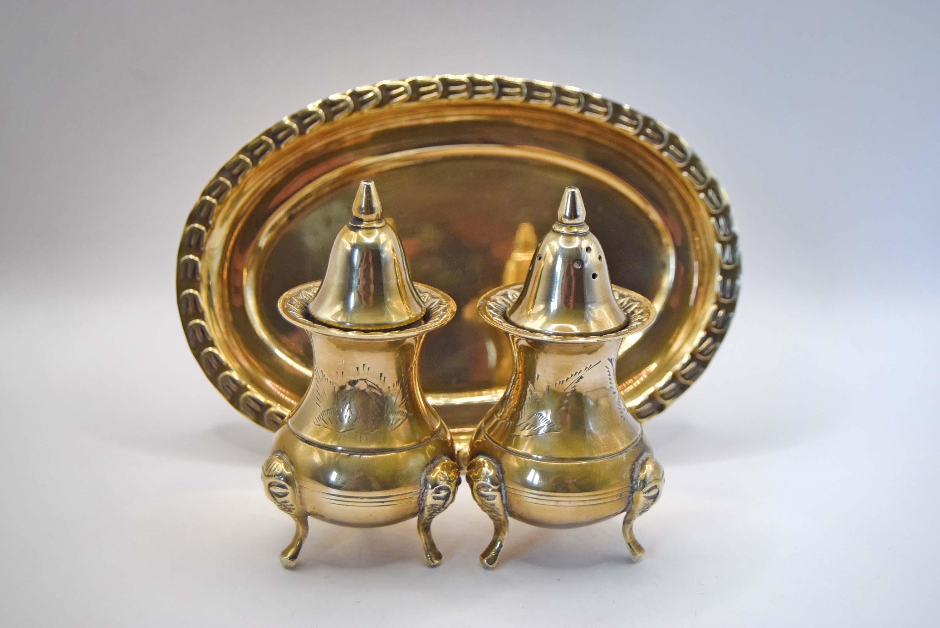 Vintage Brass Condiment Cruet Set with Tray in Original Presentation Box c1950s
