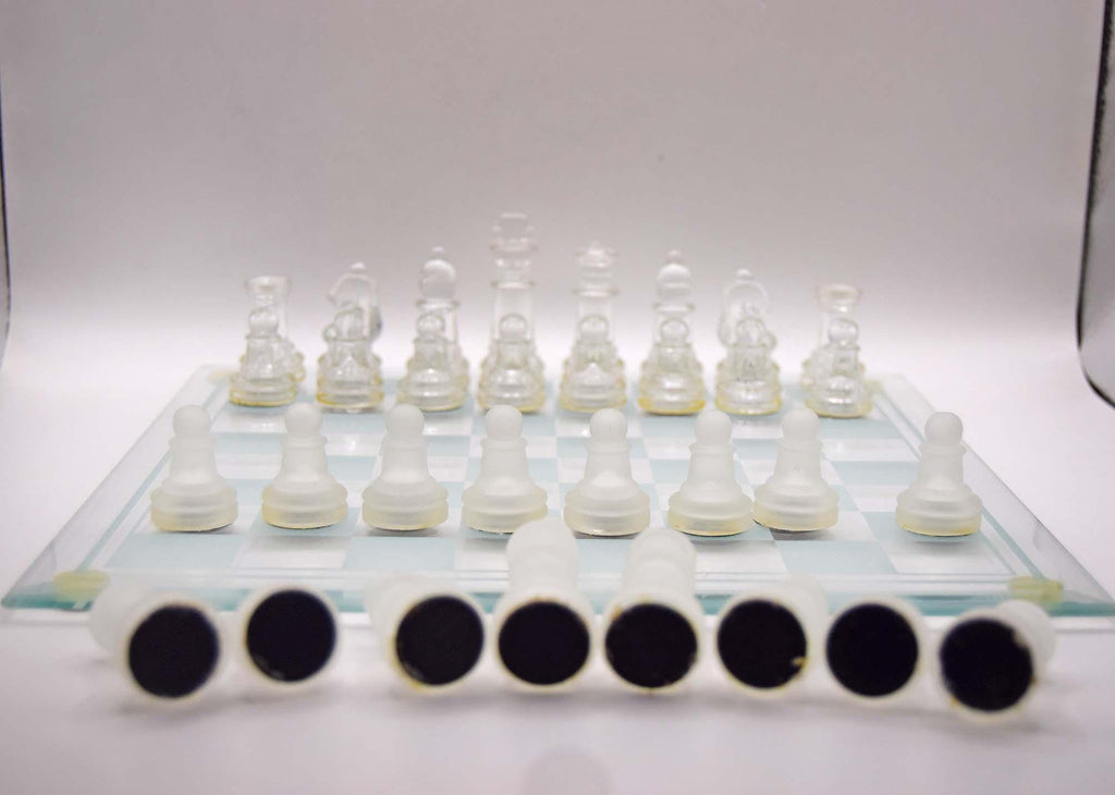 Vintage Glass Chess Set | Frosted and Clear pieces | 25cm x 25cm board