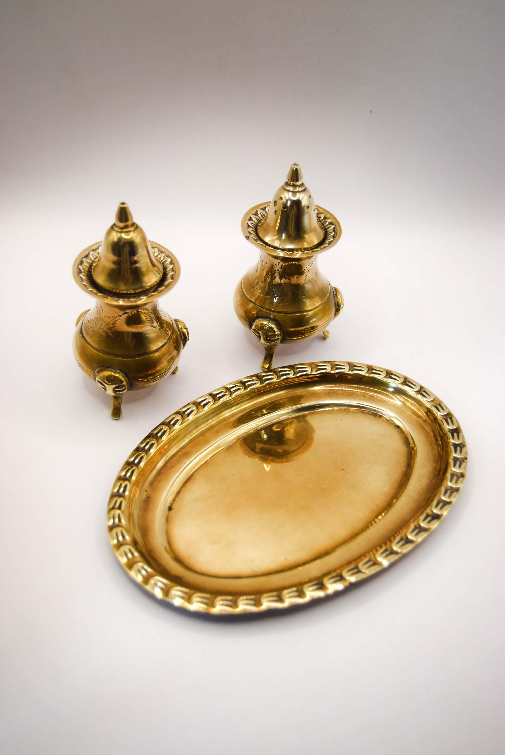 Vintage Brass Condiment Cruet Set with Tray in Original Presentation Box c1950s