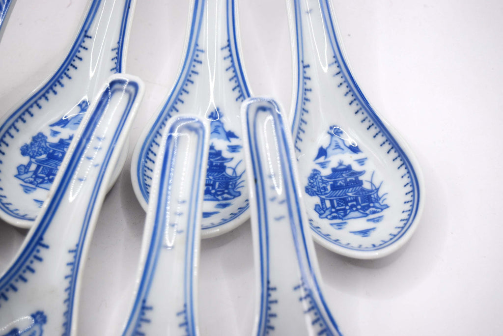 7 Piece Porcelain Chinese Spoon Soup Set White Blue Patterned Asian Ceramics