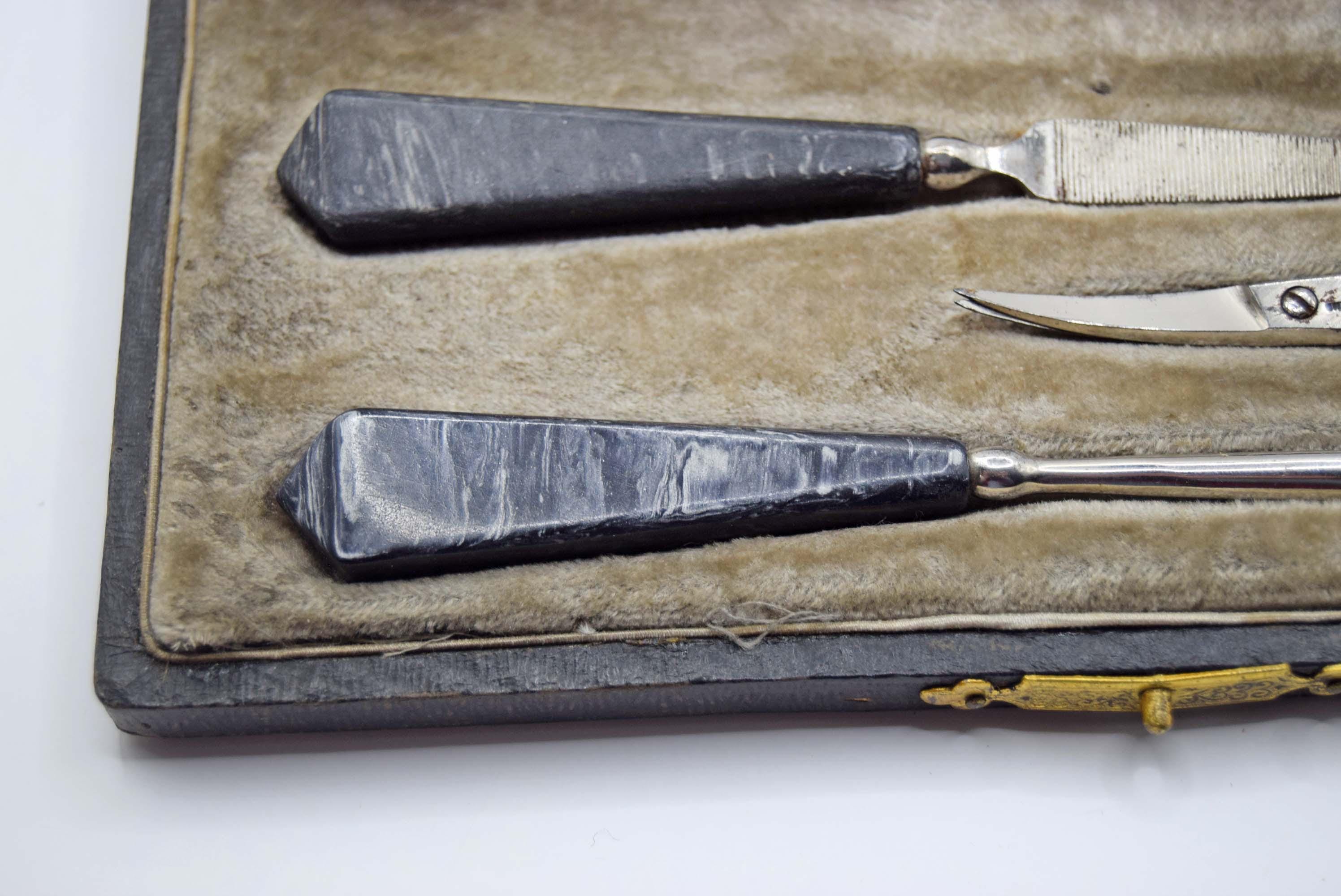 Vintage Art Deco Manicure Set, Complete 1930s Swirl Celluloid in Original Box