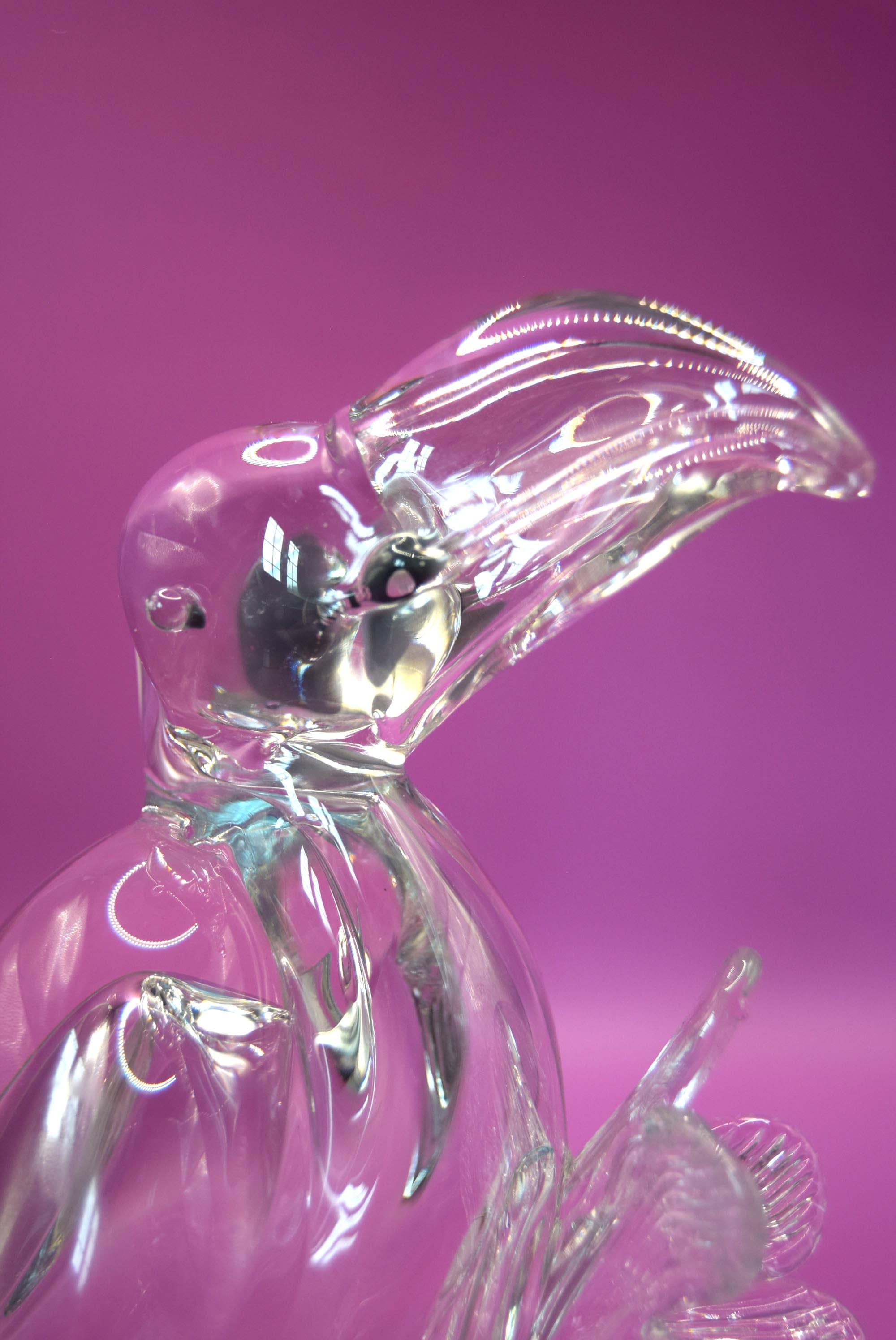 Vintage Italian Clear Glass Toucan and flower on blue rock  c1980s
