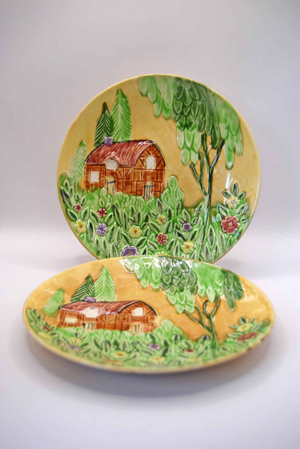 2 x Antique Majolica plates - Shorter & Son Staffordshire plates. Cottage Garden design. 1920s