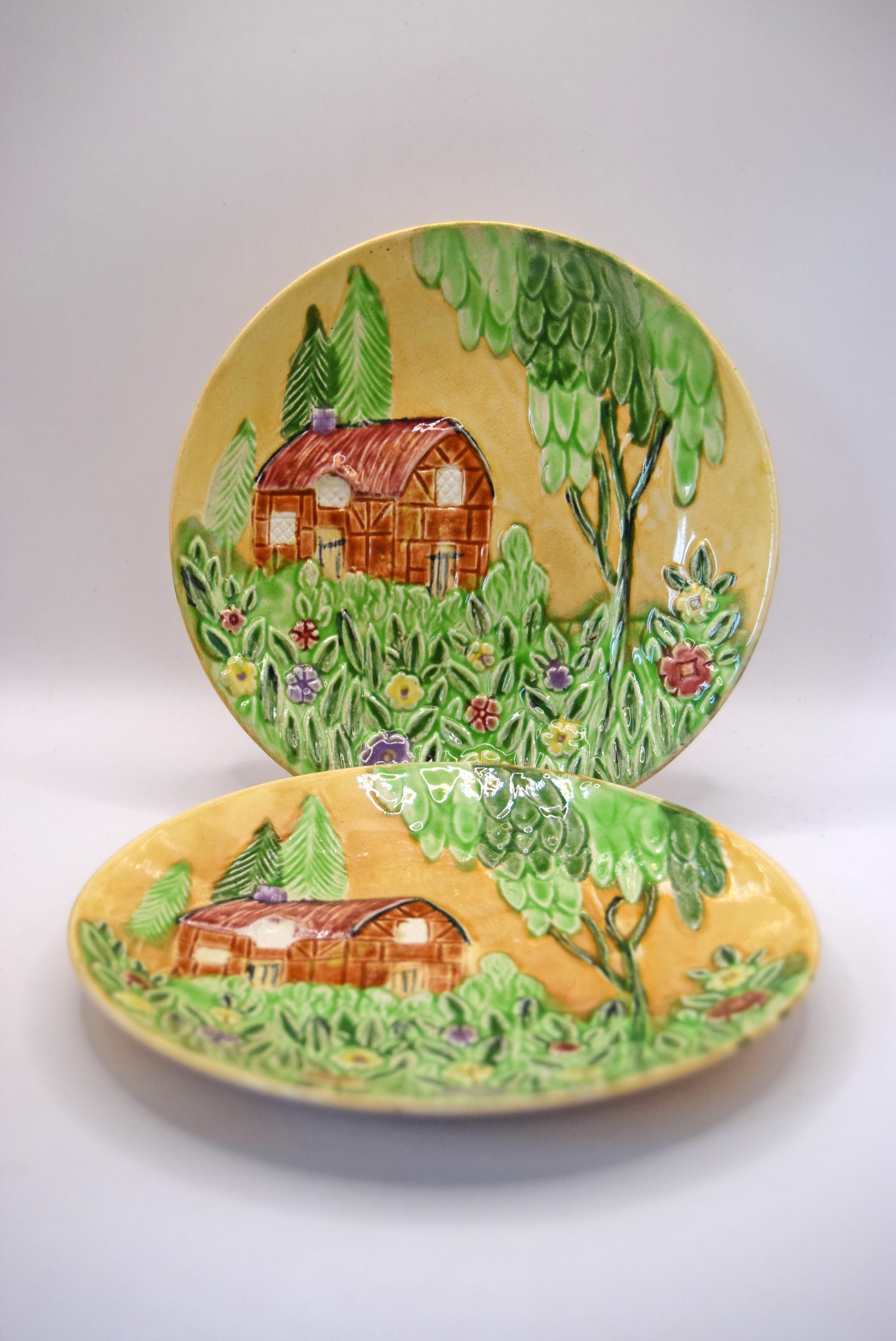 2 x Antique Majolica plates - Shorter & Son Staffordshire plates. Cottage Garden design. 1920s