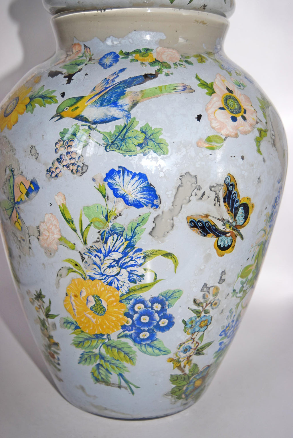 Large Antique Reverse Decalcomania Glass Vase Jar With Lid - Mid 19th Century - RARE FIND