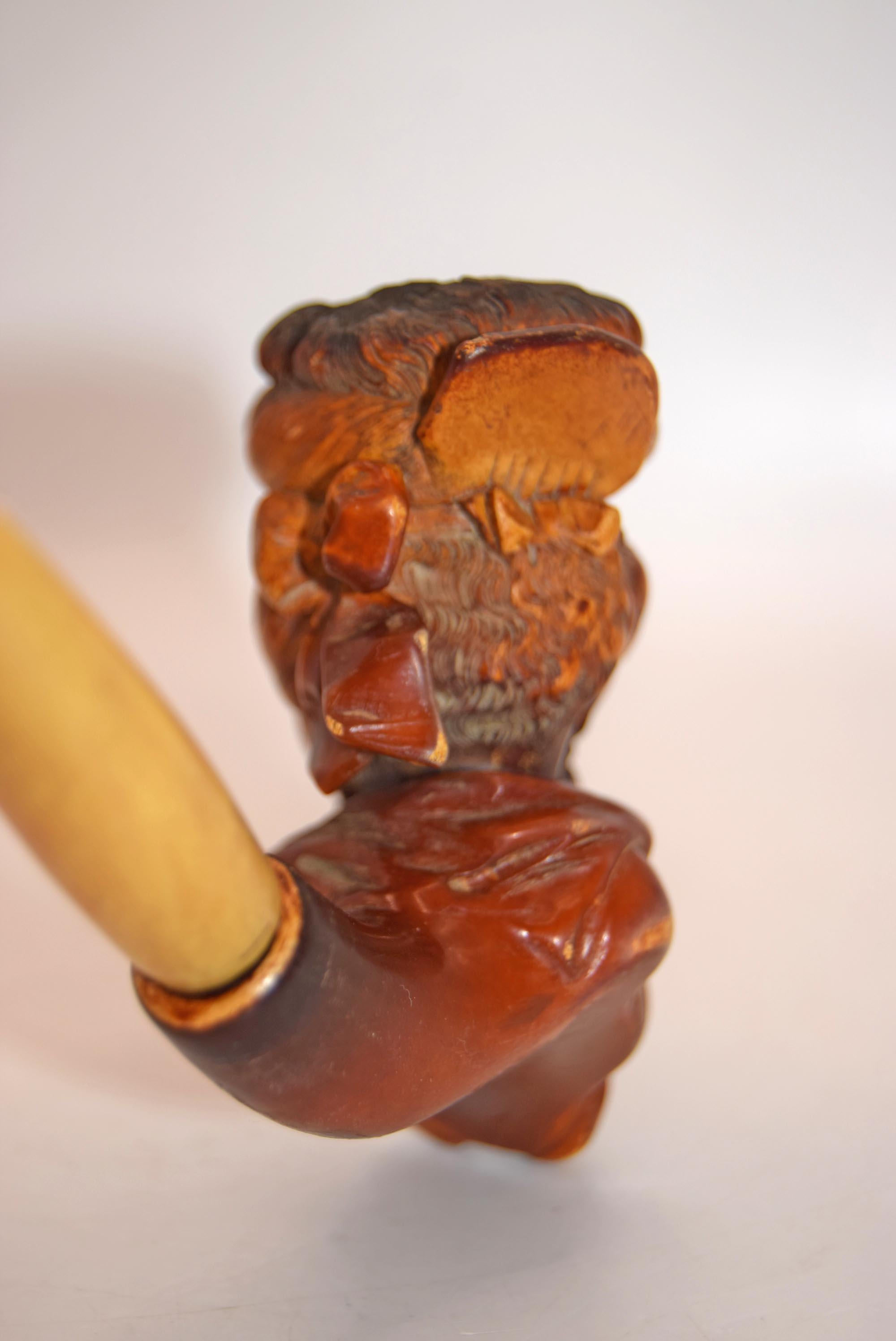Victorian Carved Lady's Head Figurine Antique Collectible with Amber Bakelite Stem