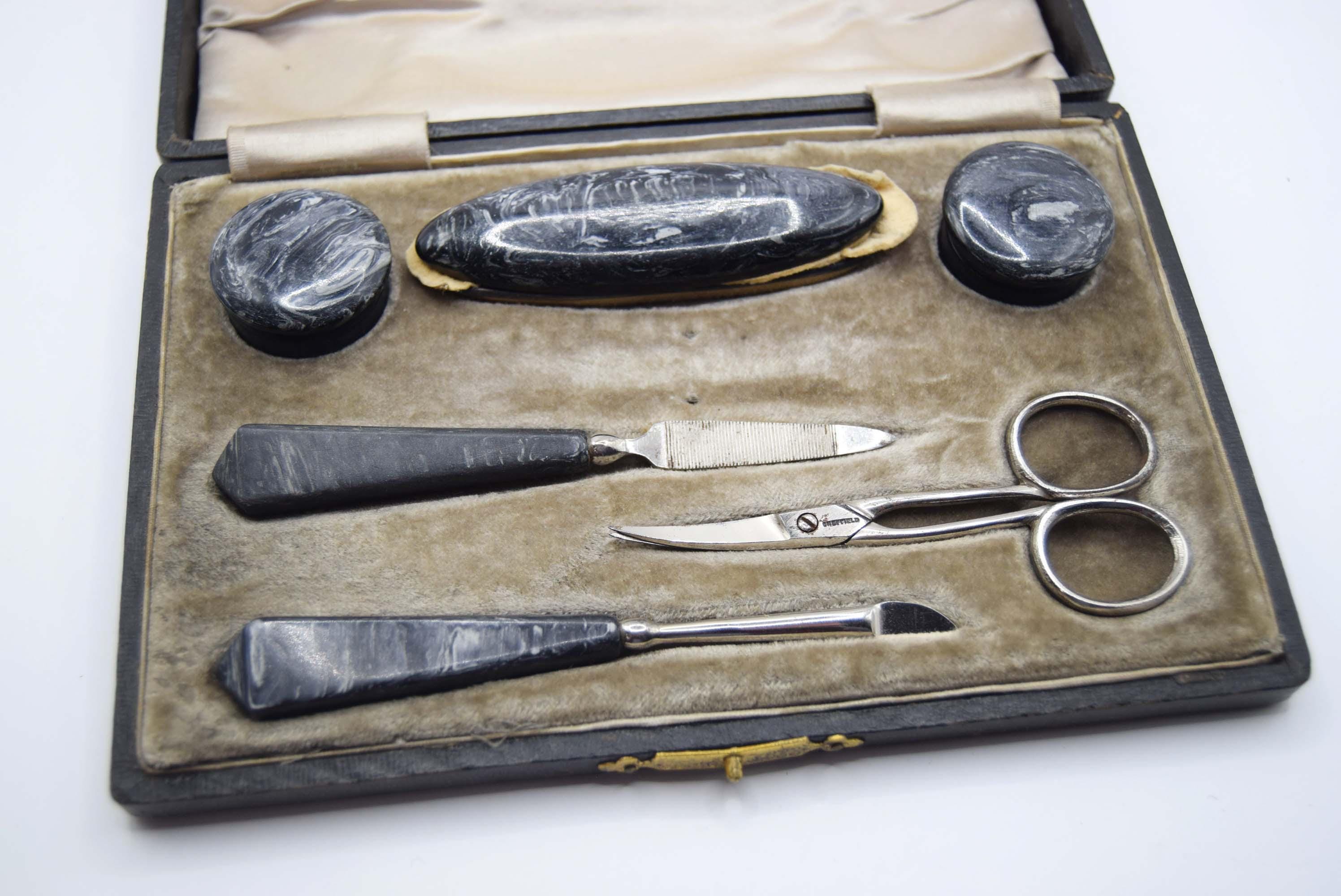 Vintage Art Deco Manicure Set, Complete 1930s Swirl Celluloid in Original Box