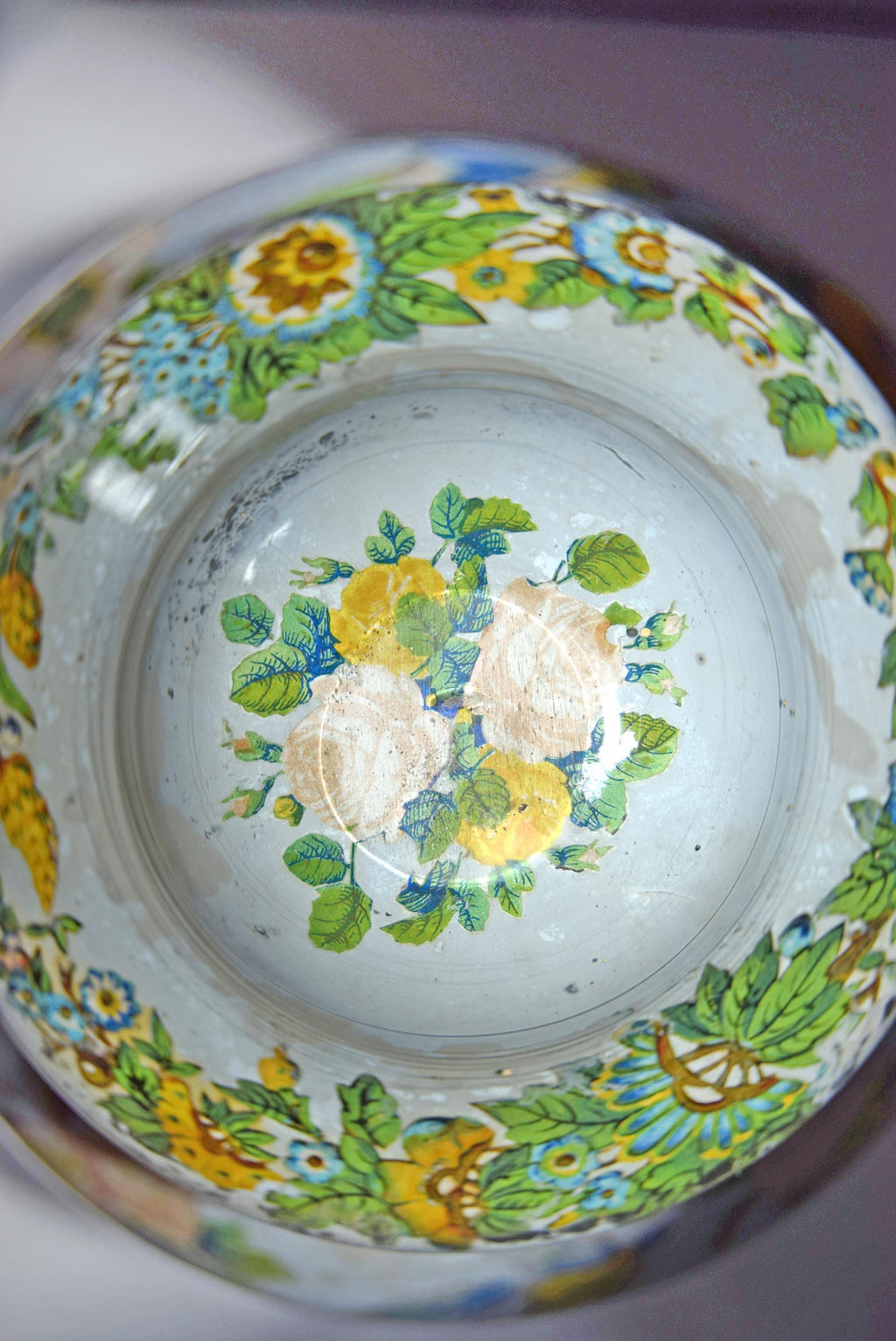 Large Antique Reverse Decalcomania Glass Vase Jar With Lid - Mid 19th Century - RARE FIND