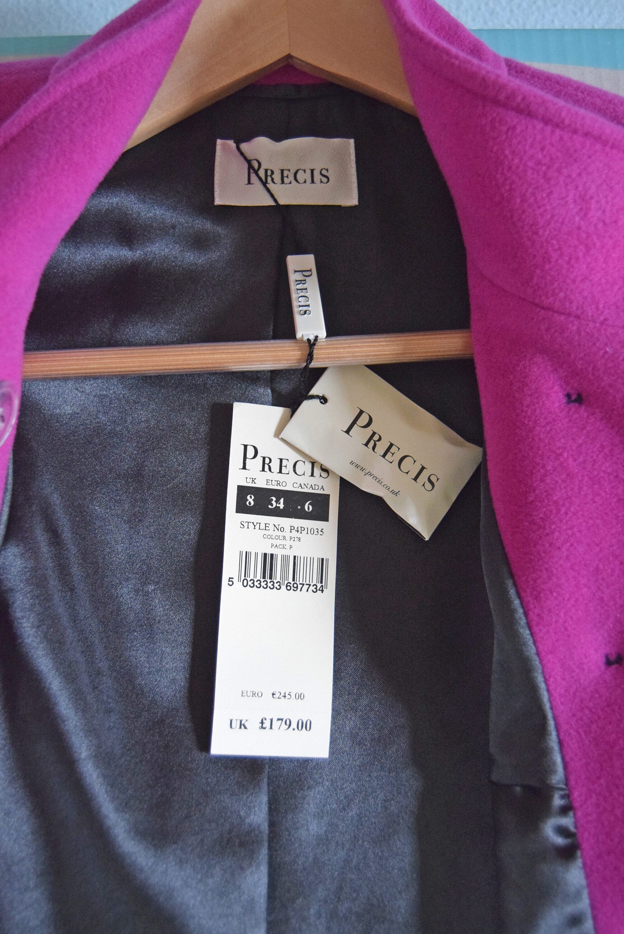 Precis Magenta Pink Cashmere/Wool Blend Double Breasted Vintage Coat Jacket 8-10 (UK)