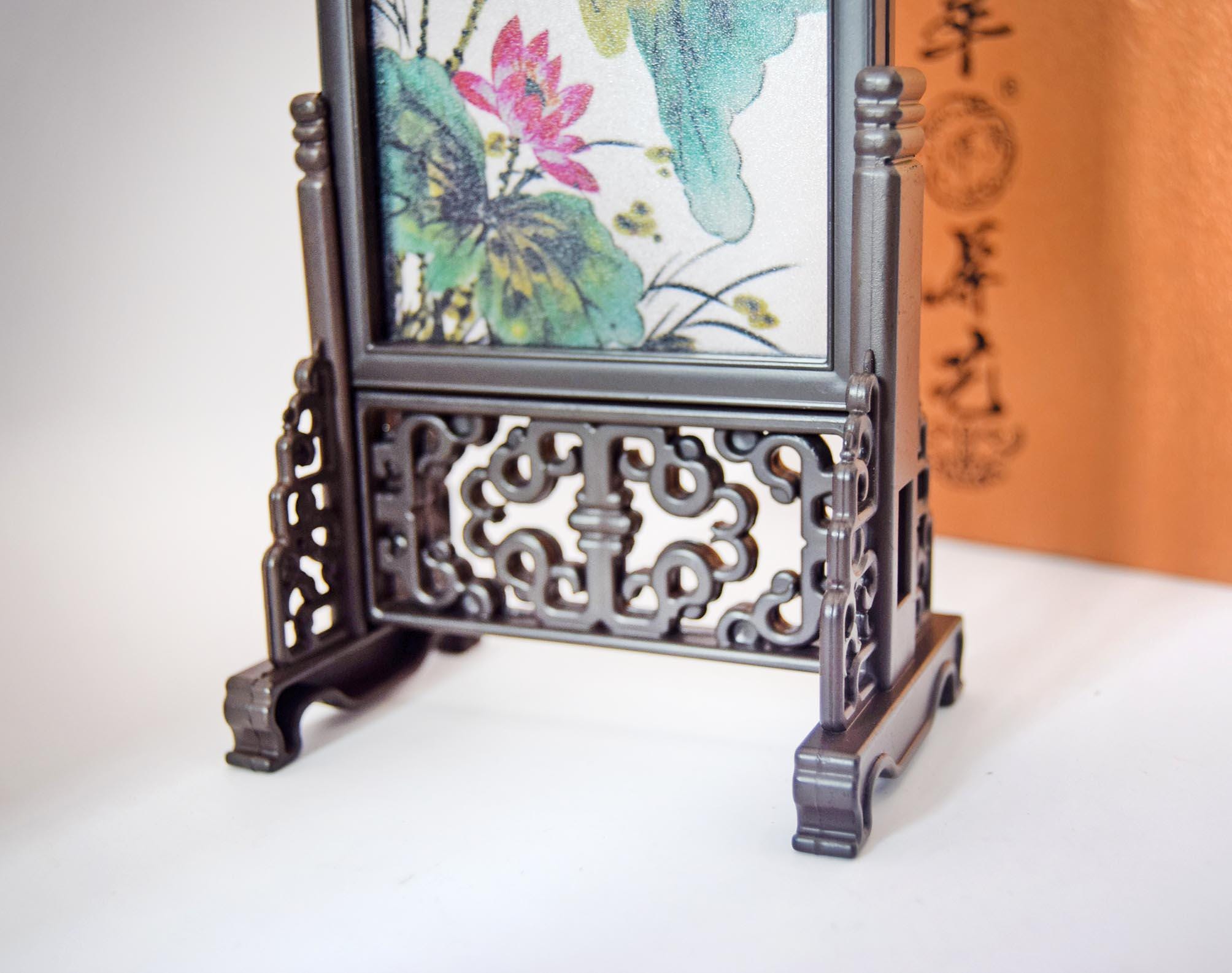 Chinese Reverse Glass Painted Table Screen with stand and Case