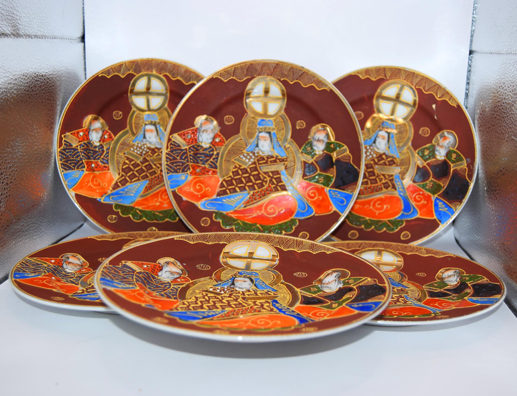 6 x Antique Japanese Satsuma Moriage Plates 19cms - Taisho period 1940s