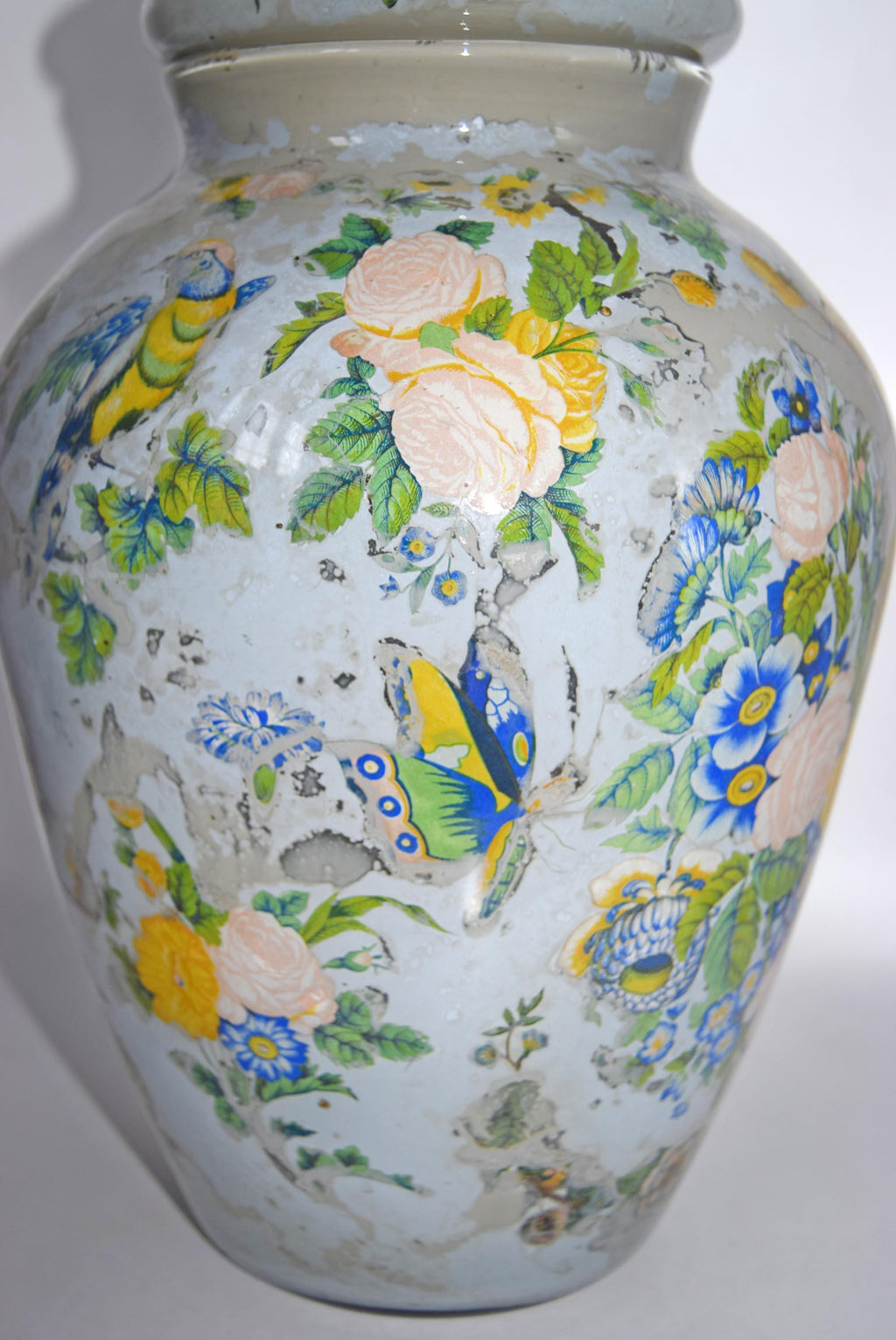 Large Antique Reverse Decalcomania Glass Vase Jar With Lid - Mid 19th Century - RARE FIND