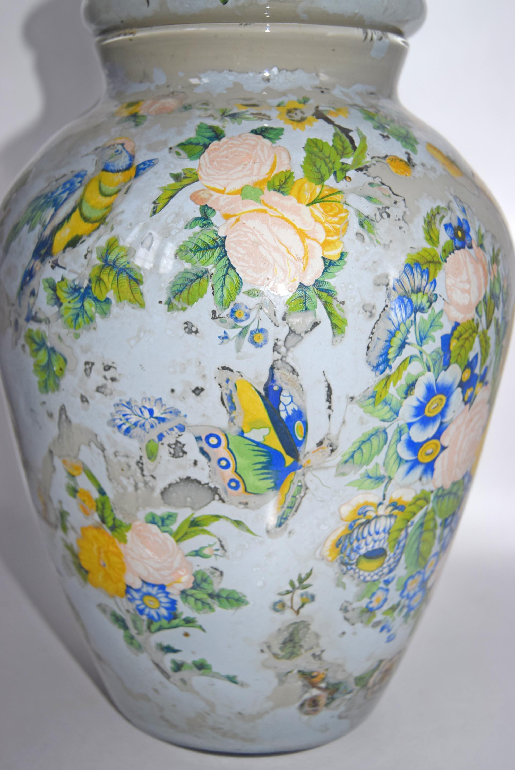 Large Antique Reverse Decalcomania Glass Vase Jar With Lid - Mid 19th Century - RARE FIND