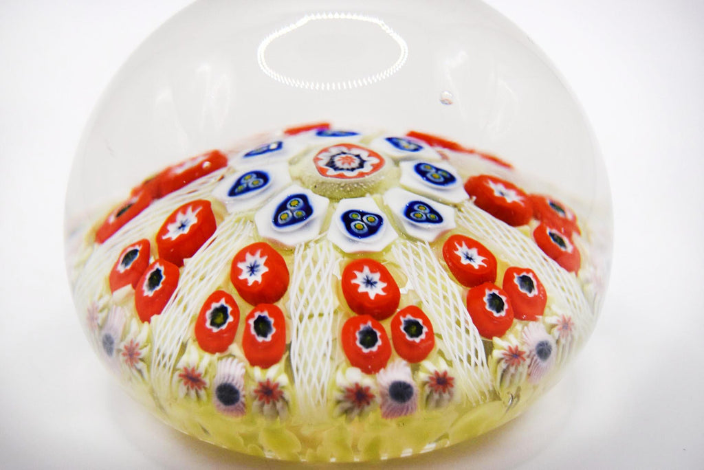Scottish Strathearn Millefiori 8 Spoke Cartwheel Latticino Glass Paperweight c1970s