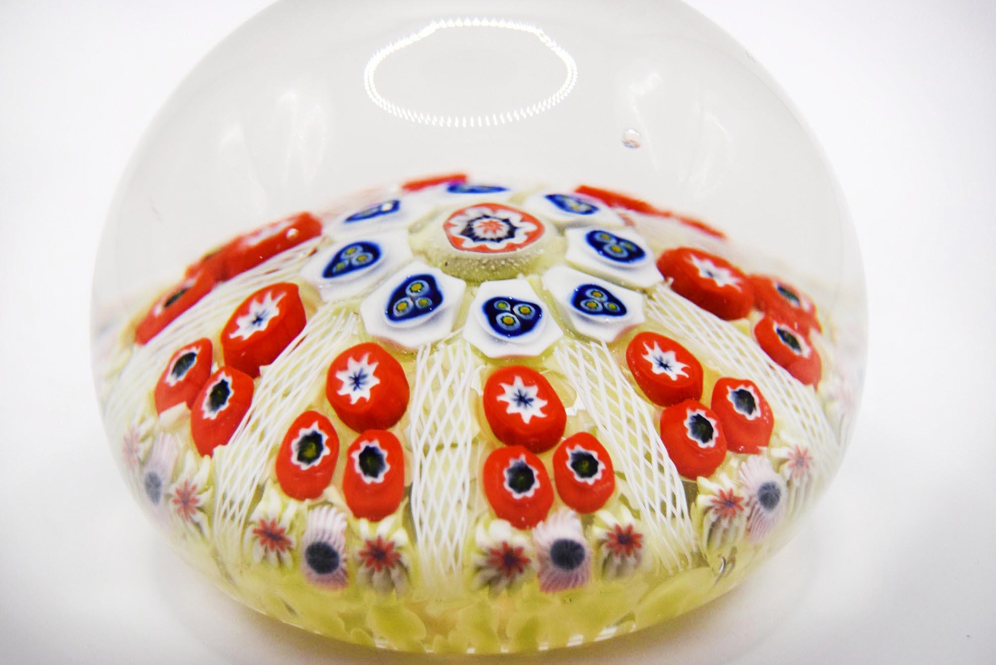 Scottish Strathearn Millefiori 8 Spoke Cartwheel Latticino Glass Paperweight c1970s