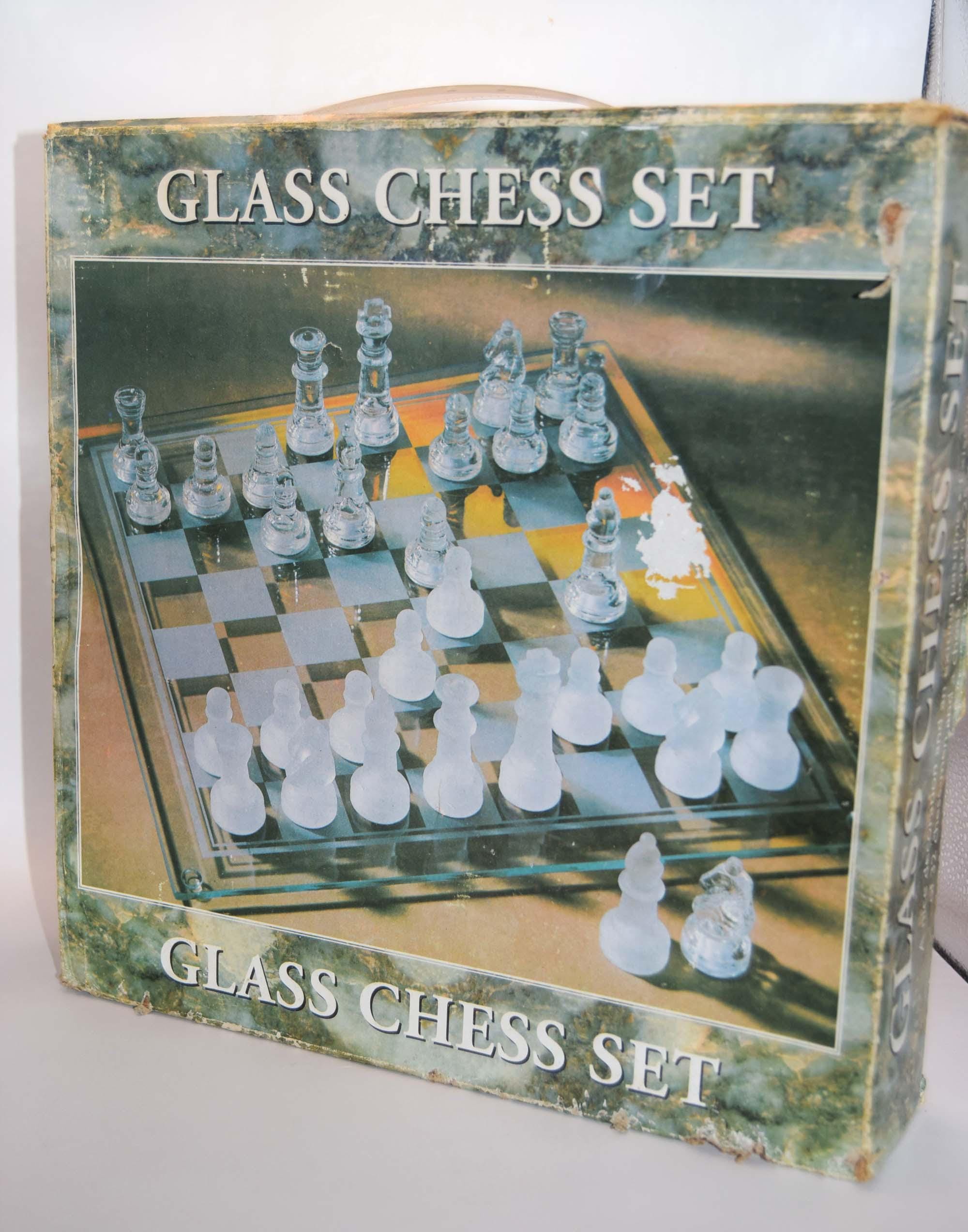 Vintage Glass Chess Set | Frosted and Clear pieces | 25cm x 25cm board