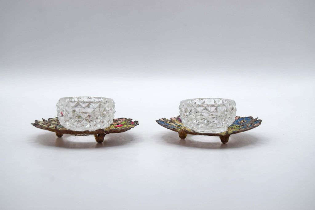 Antique French Salt Cellars – Stamped Metal, Hand-Painted Enamel, Diamond Glass Liners c1880s