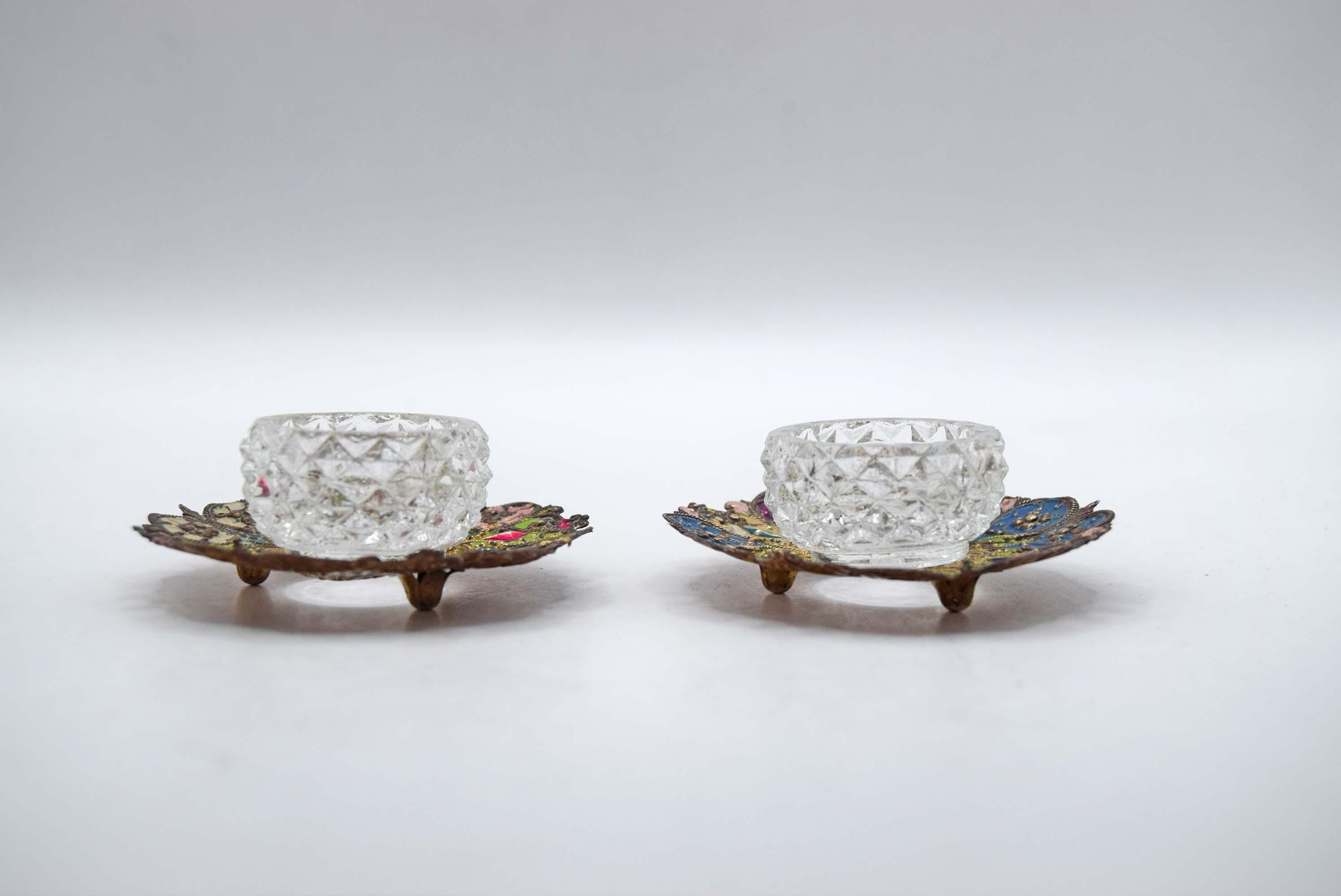 Antique French Salt Cellars – Stamped Metal, Hand-Painted Enamel, Diamond Glass Liners c1880s