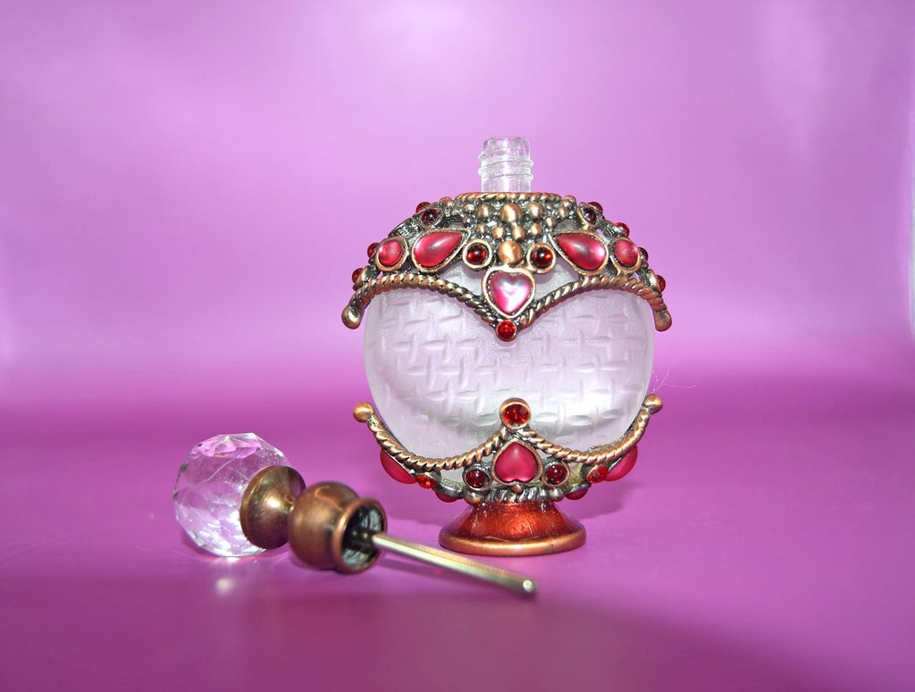 Vintage Perfume Bottle: 1940s Rhinestone Bronze Basket, Crystal Finial