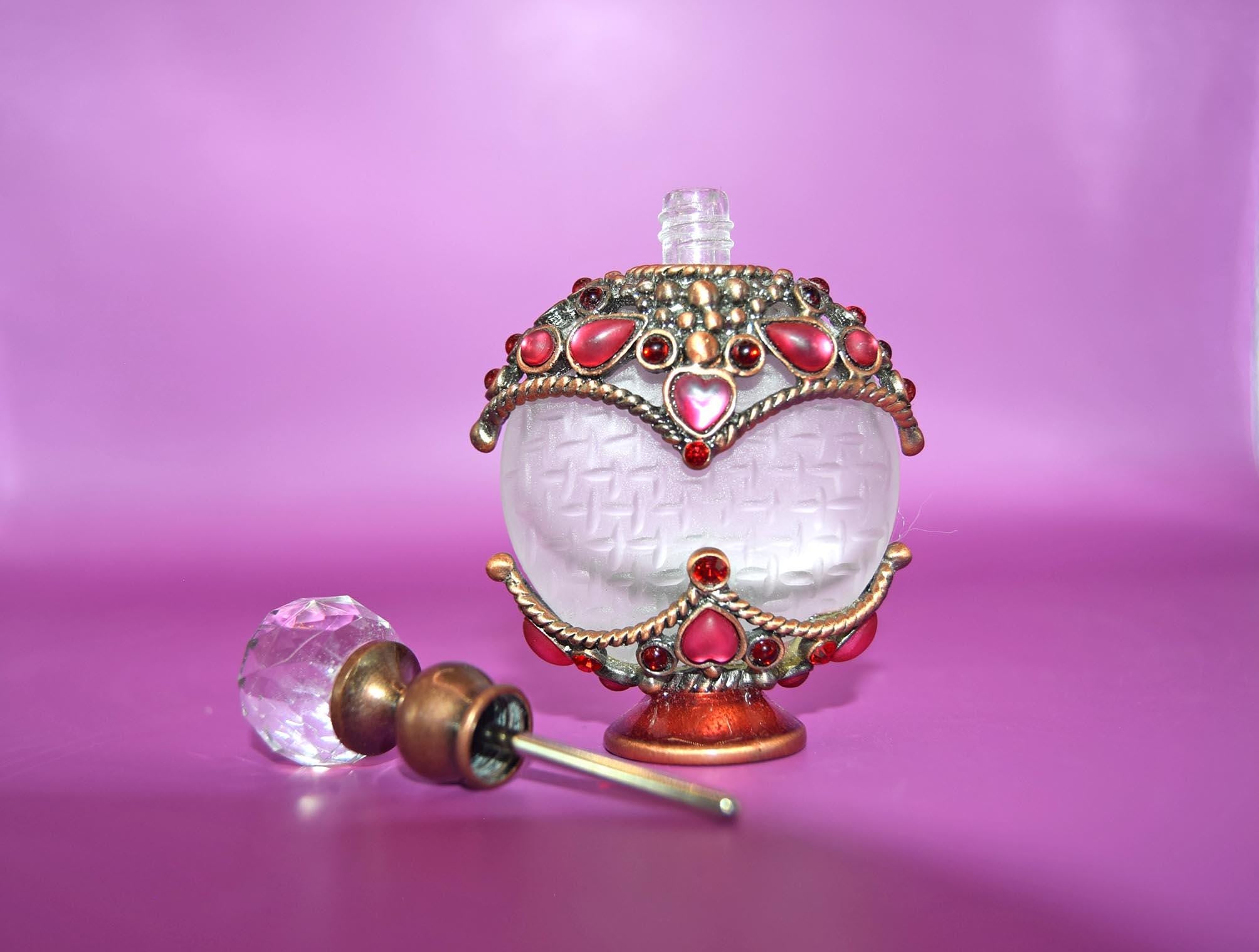 Vintage Perfume Bottle: 1940s Rhinestone Bronze Basket, Crystal Finial