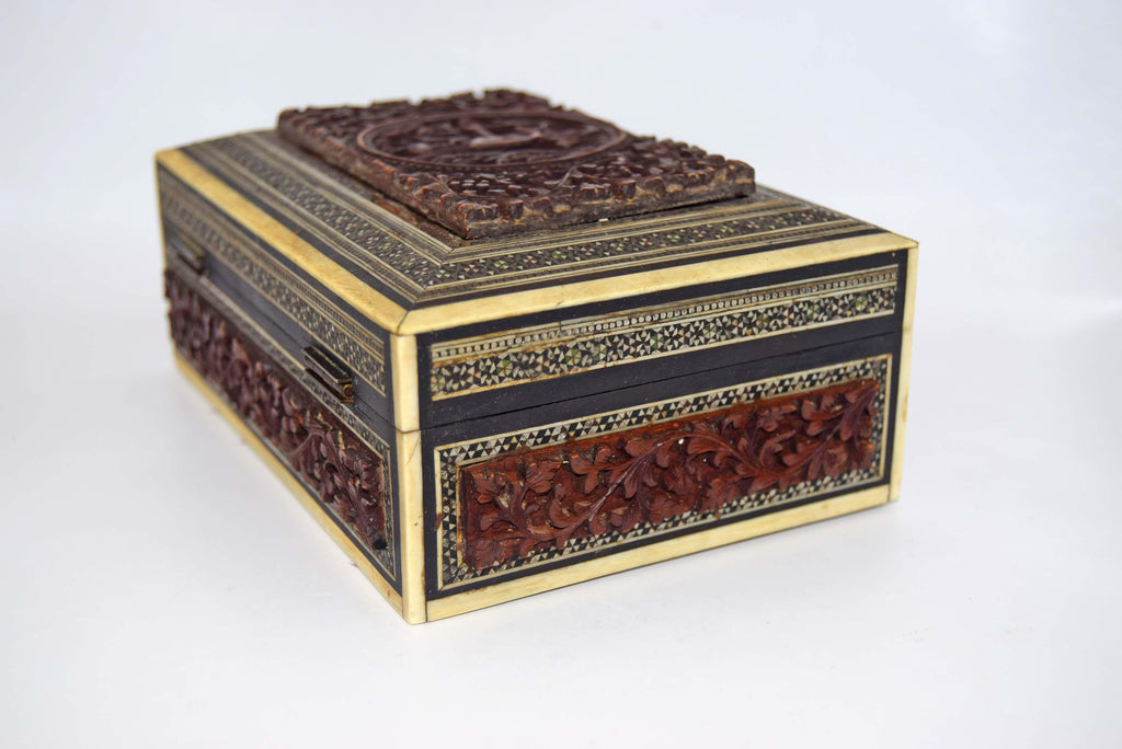 RARE FIND Victorian Anglo-Indian Vizagapatam Carved Sandalwood and Sadeli Mosaic Box c1850