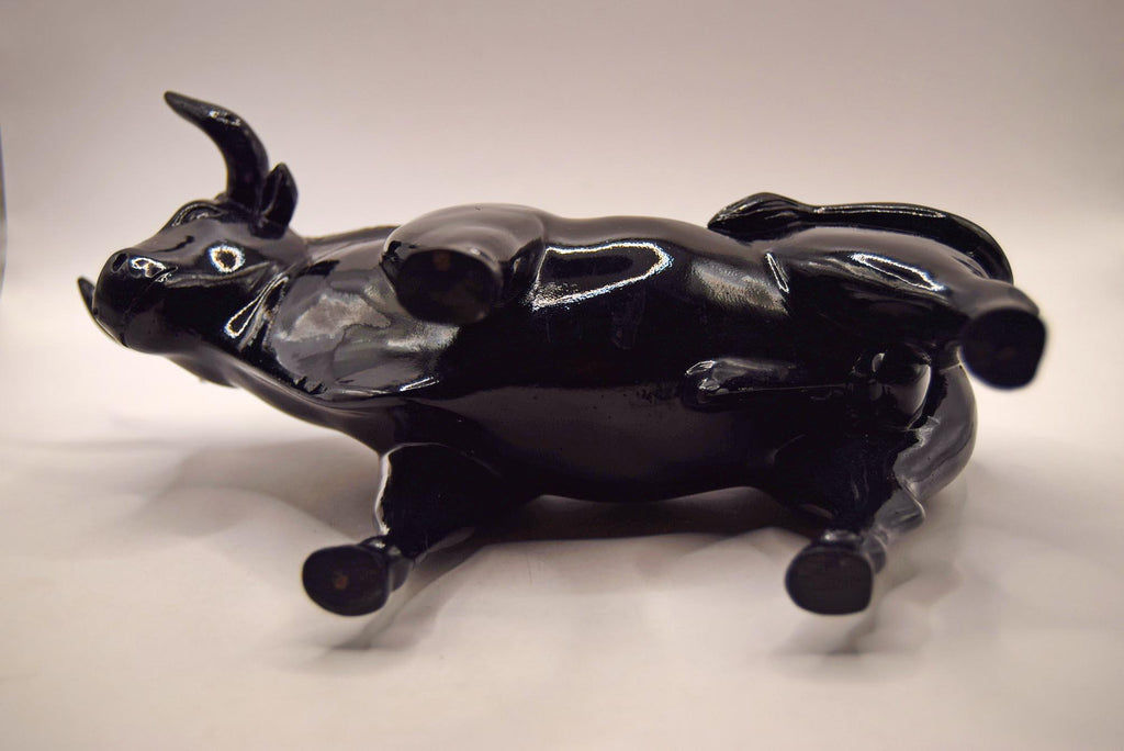 Rare Large Vintage Black Bull Sculpture Figurine | Black gloss finish c1970s Displayed under glass.