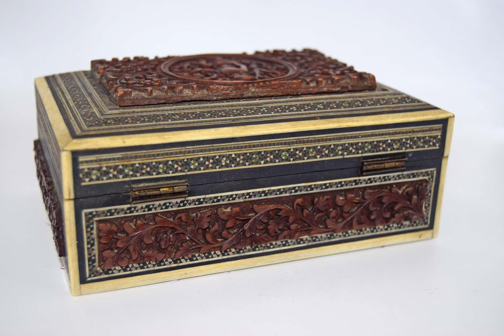 RARE FIND Victorian Anglo-Indian Vizagapatam Carved Sandalwood and Sadeli Mosaic Box c1850
